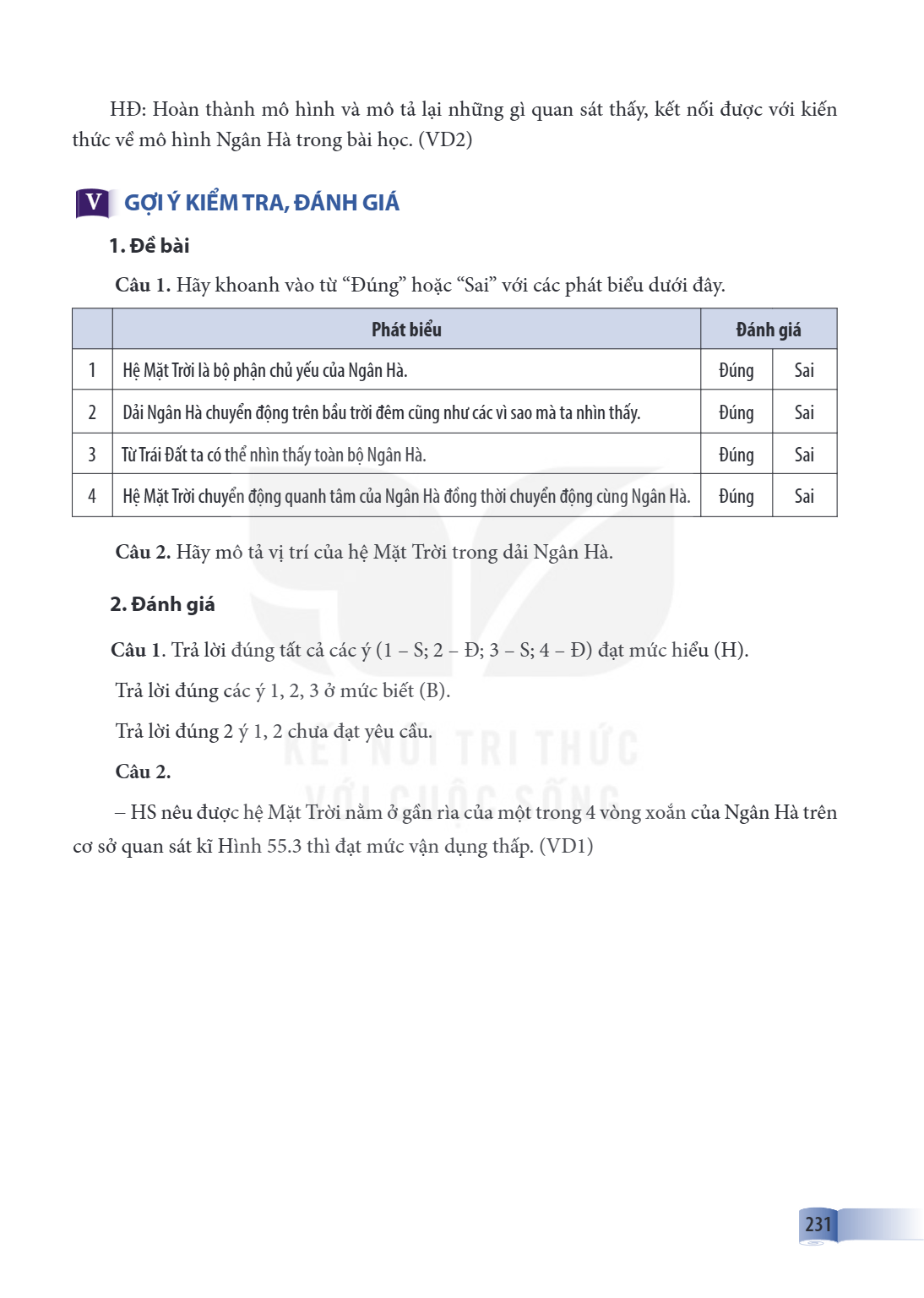 HD: Hoàn thành mô hình và mô tả lại những gì quan sát thấy, kết nối được với kiến thức về mô hình Ngân Hà trong bài học. (VD2) V GỢI Ý KIỂM TRA, ĐÁNH GIÁ 1. Đề 