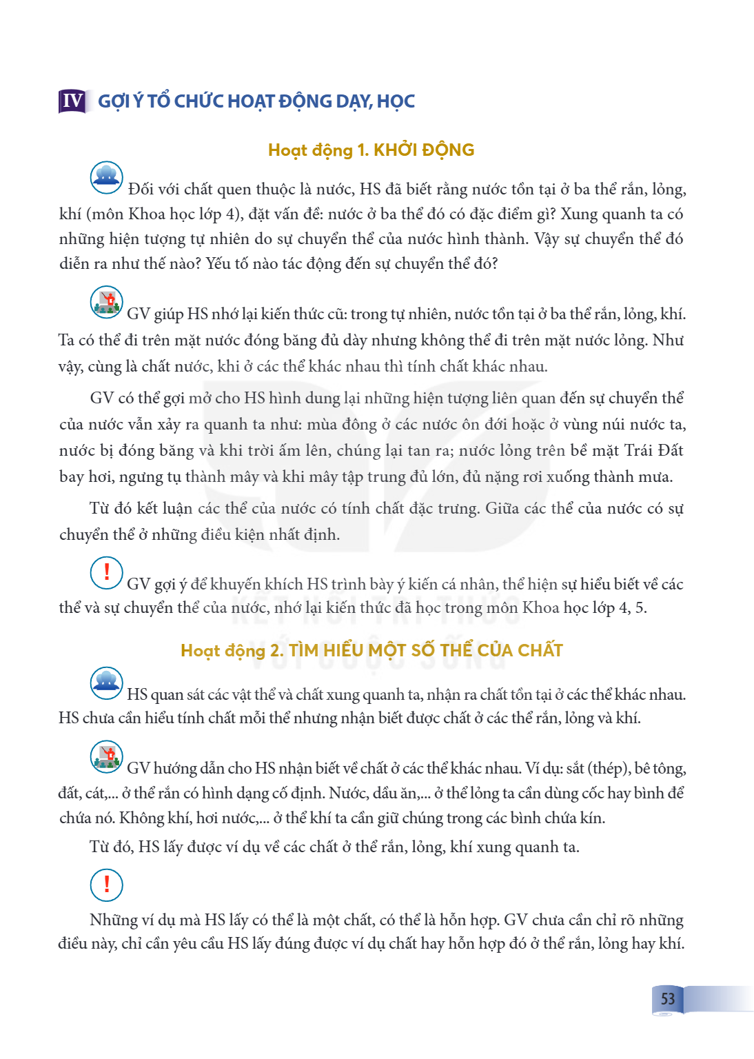 IV GỢI Ý TỔ CHỨC HOẠT ĐỘNG DẠY, HỌC Hoạt động 1. KHỞI ĐỘNG Đối với chất quen thuộc là nước, HS đã biết rằng nước tồn tại ở ba thể rắn, lỏng, khí (môn Khoa học l