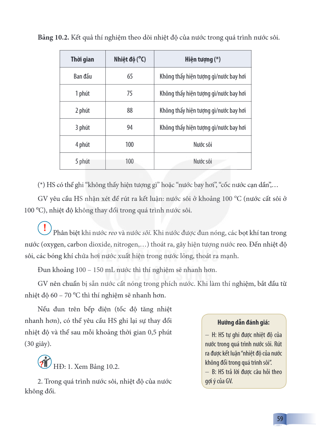 Bảng 10.2. Kết quả thí nghiệm theo dõi nhiệt độ của nước trong quá trình nước sôi. Thời gian, Nhiệt độ ($^{\circ}C$), Hiện tượng (*) Ban đầu, 65, Không thấy hiệ