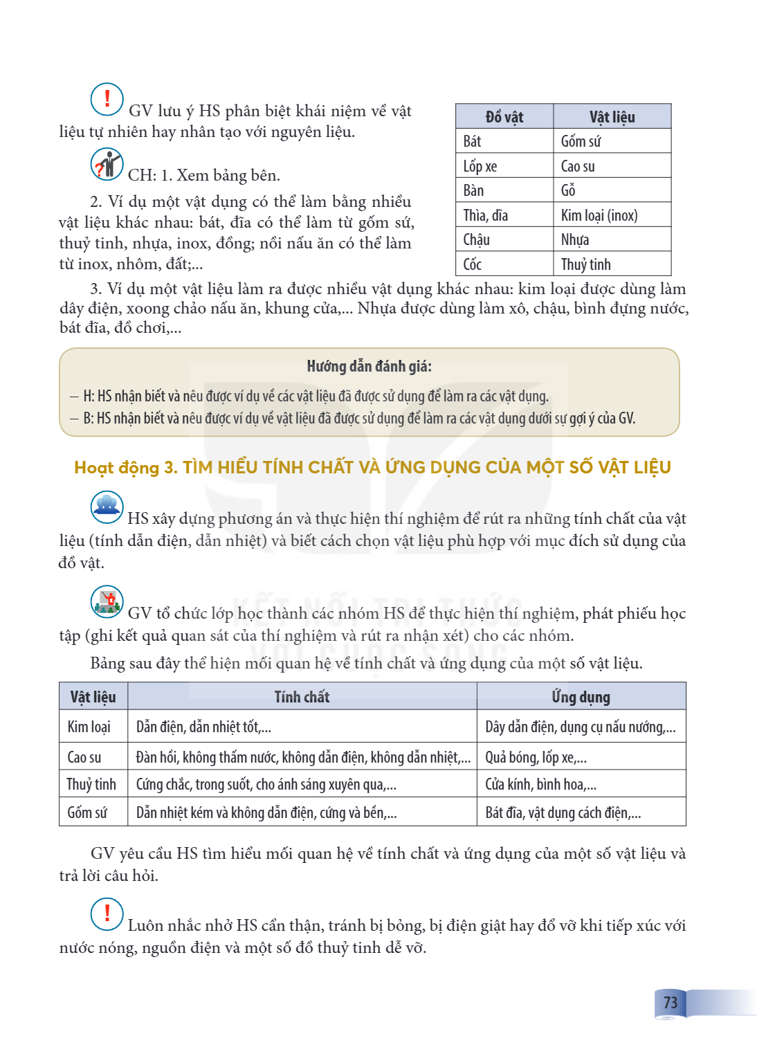 GV lưu ý HS phân biệt khái niệm về vật liệu tự nhiên hay nhân tạo với nguyên liệu. CH: 1. Xem bảng bên. Ví dụ một vật dụng có thể làm bằng nhiều vật liệu khác n