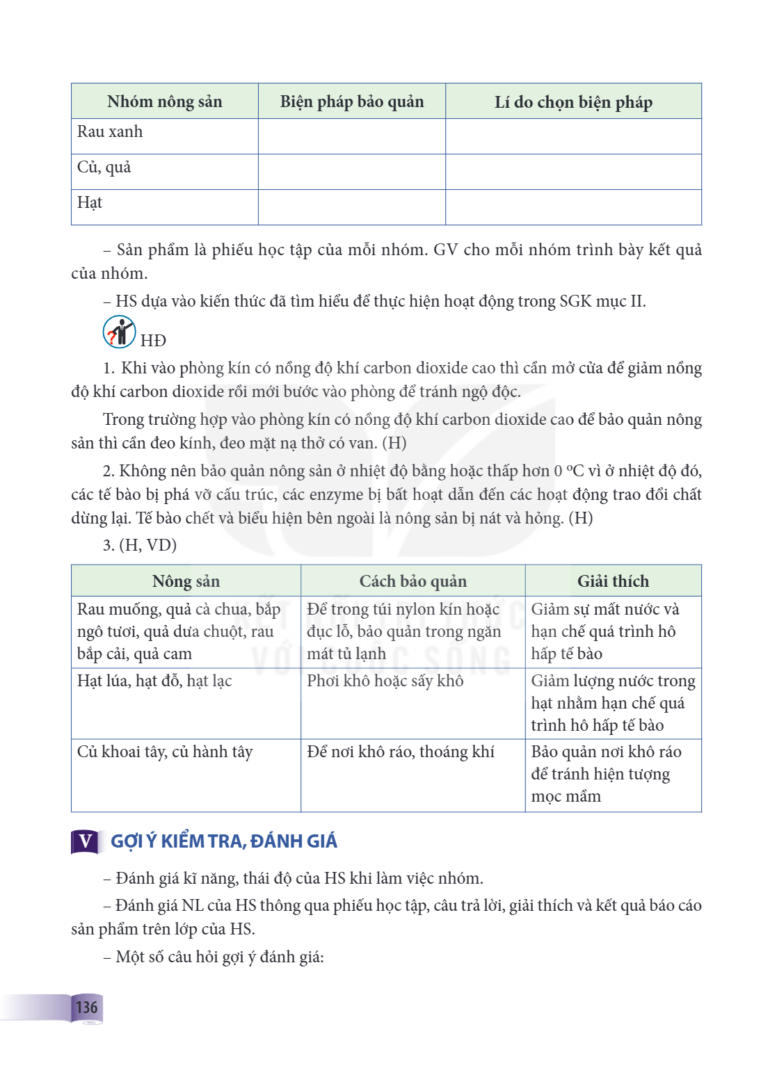 Nhóm nông sản, Biện pháp bảo quản, Lí do chọn biện pháp Rau xanh Củ, quả Hạt – Sản phẩm là phiếu học tập của mỗi nhóm. GV cho mỗi nhóm trình bày kết quả của nhó