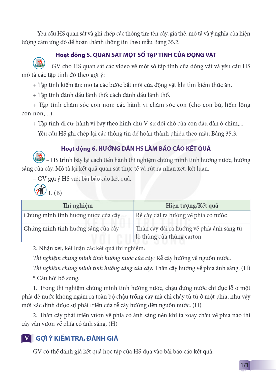 Yêu cầu HS quan sát và ghi chép các thông tin: tên cây, giá thể, mô tả và ý nghĩa của hiện tượng cảm ứng đó để hoàn thành thông tin theo mẫu Bảng 35.2. Hoạt độn