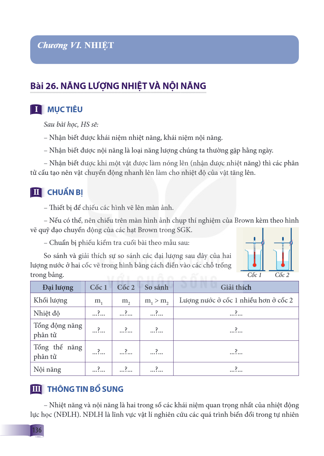 Chương VI. NHIỆT Bài 26. NĂNG LƯỢNG NHIỆT VÀ NỘI NĂNG I MỤC TIÊU Sau bài học, HS sẽ: – Nhận biết được khái niệm nhiệt năng, khái niệm nội năng. – Nhận biết được