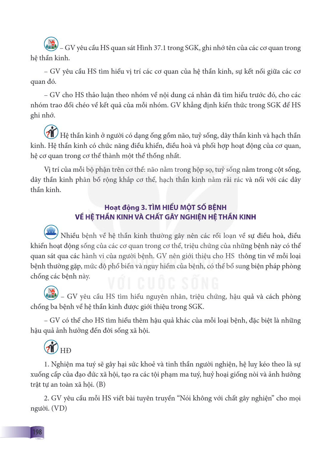GV yêu cầu HS quan sát Hình 37.1 trong SGK, ghi nhớ tên của các cơ quan trong hệ thần kinh. GV yêu cầu HS tìm hiểu vị trí các cơ quan của hệ thần kinh, sự kết n