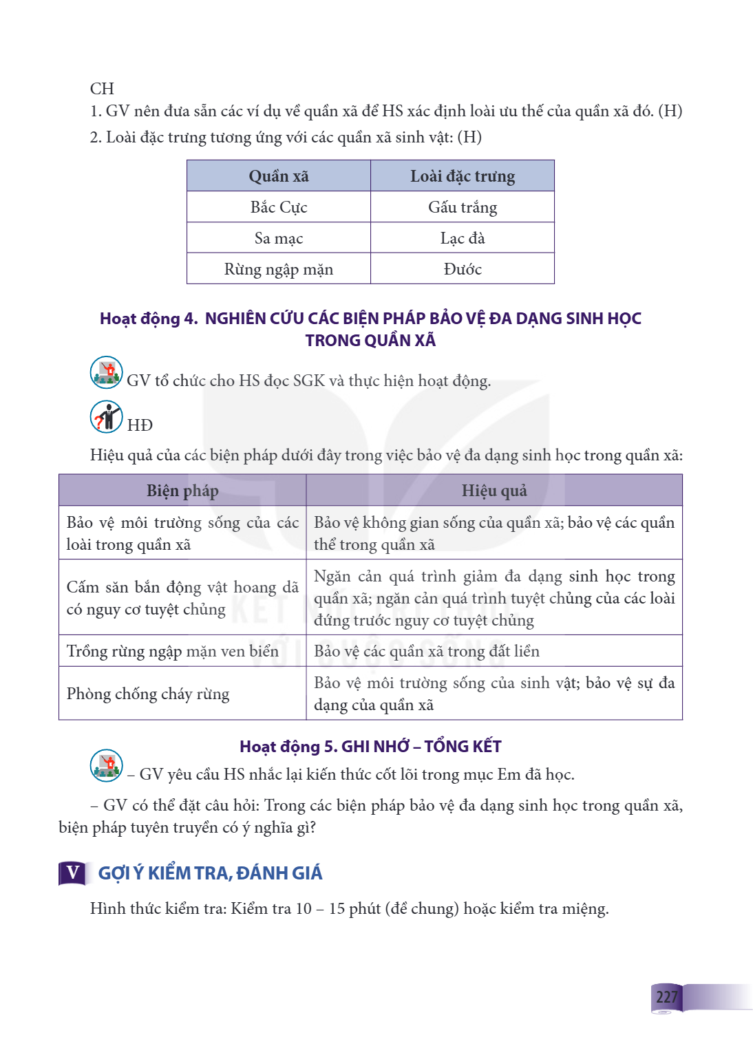 CH GV nên đưa sẵn các ví dụ về quần xã để HS xác định loài ưu thế của quần xã đó. (H) Loài đặc trưng tương ứng với các quần xã sinh vật: (H) Quần xã, Loài đặc t