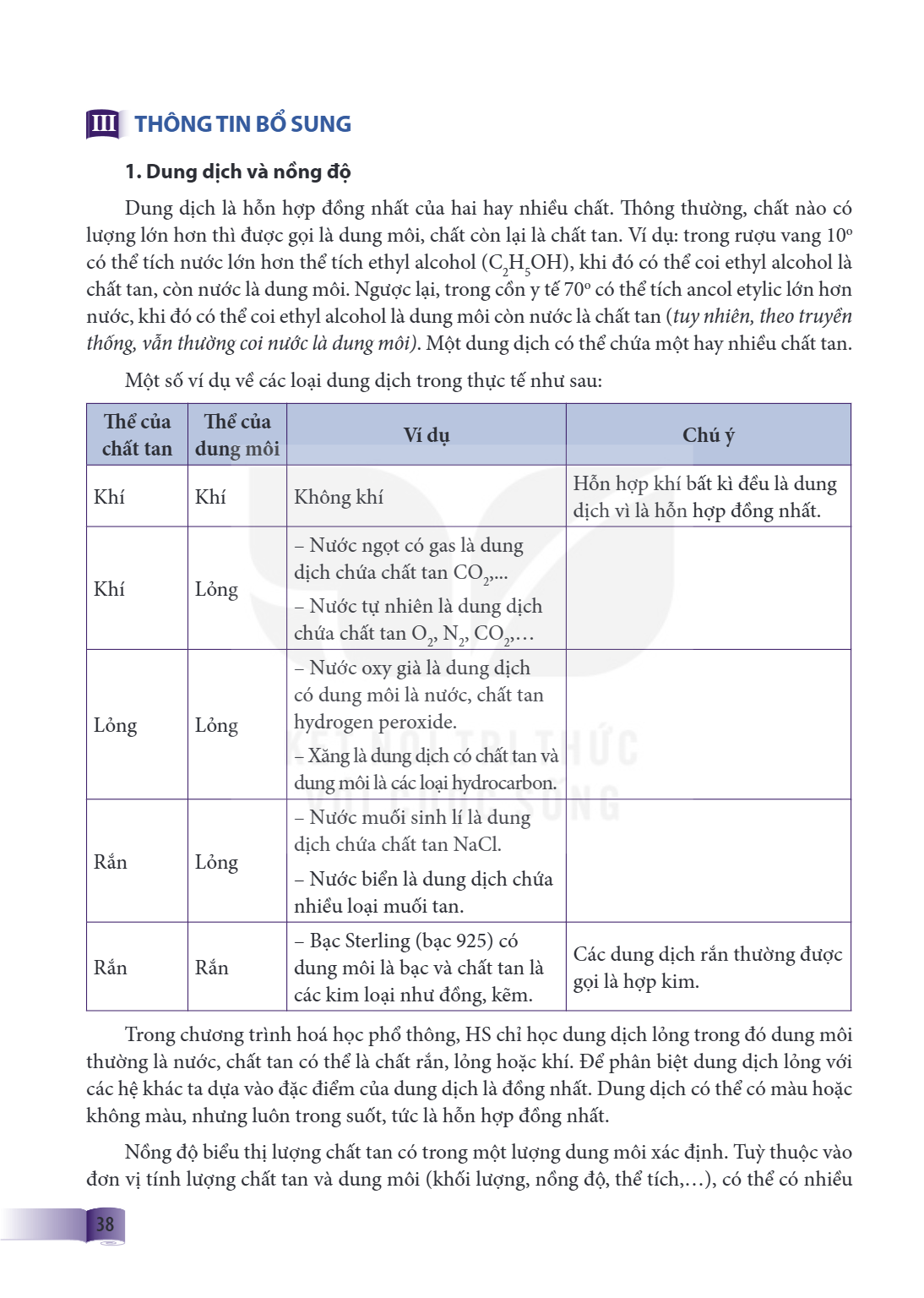 III THÔNG TIN BỔ SUNG 1. Dung dịch và nồng độ Dung dịch là hỗn hợp đồng nhất của hai hay nhiều chất. Thông thường, chất nào có lượng lớn hơn thì được gọi là dun