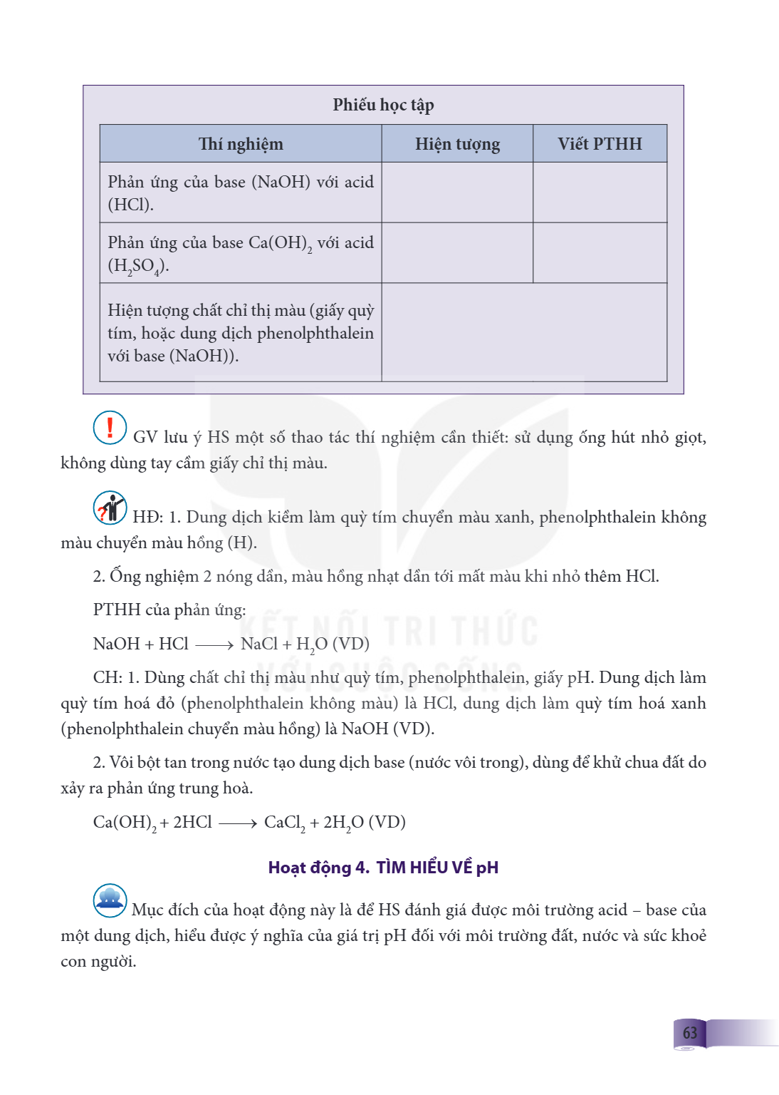 Phiếu học tập Thí nghiệm, Hiện tượng, Viết PTHH Phản ứng của base (NaOH) với acid (HCl). Phản ứng của base Ca(OH)$_2$ với acid (H$_2$SO$_4$). Hiện tượng chất ch