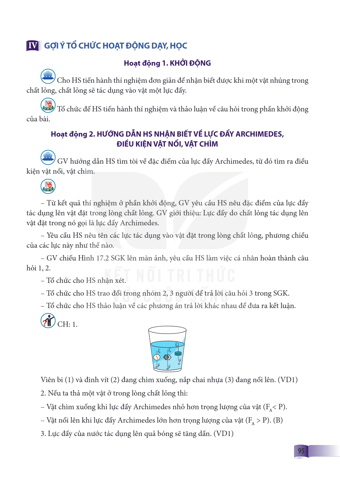 IV GỢI Ý TỔ CHỨC HOẠT ĐỘNG DẠY, HỌC Hoạt động 1. KHỞI ĐỘNG Cho HS tiến hành thí nghiệm đơn giản để nhận biết được khi một vật nhúng trong chất lỏng, chất lỏng s