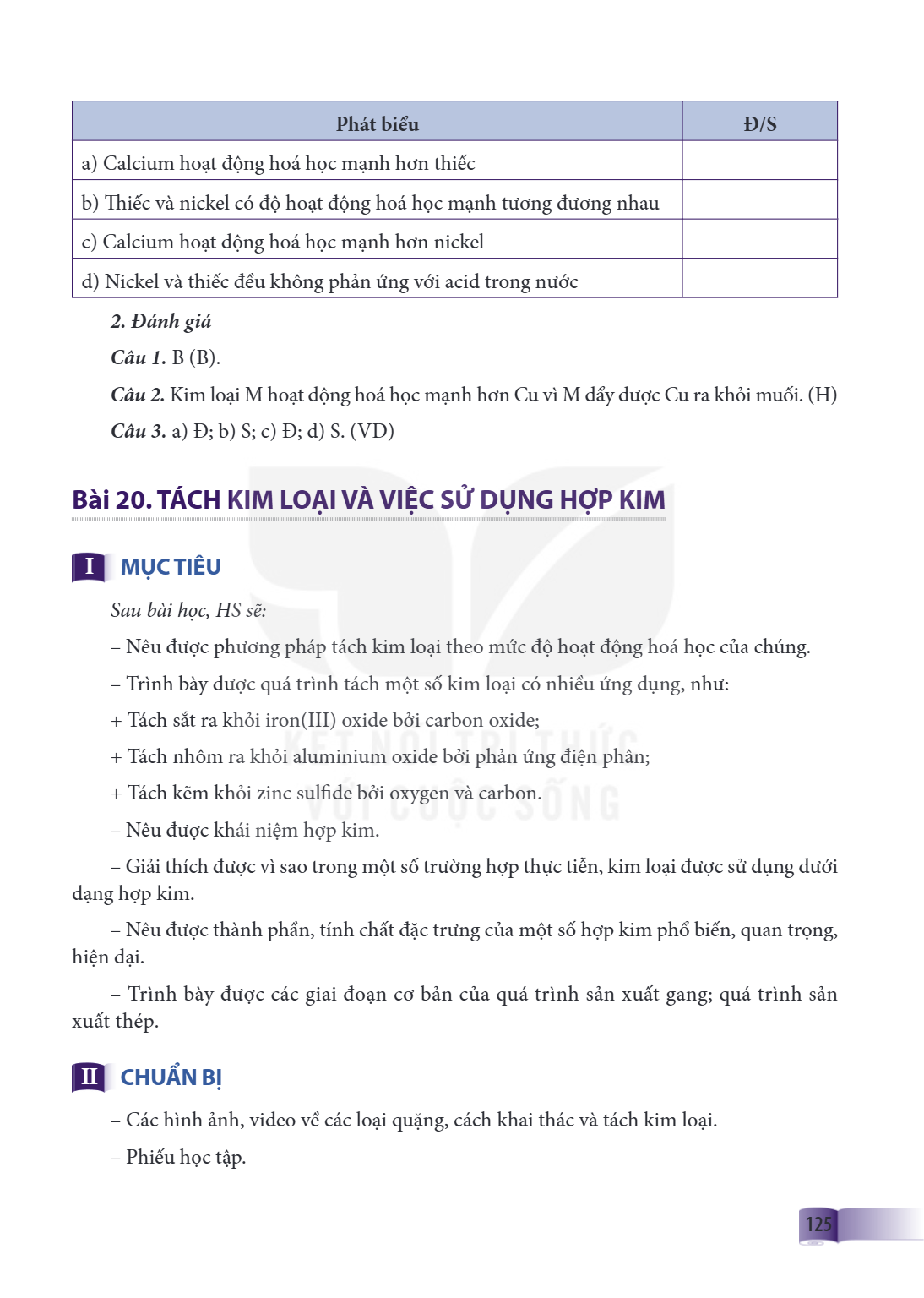 Bài 20. TÁCH KIM LOẠI VÀ VIỆC SỬ DỤNG HỢP KIM I MỤC TIÊU Sau bài học, HS sẽ: – Nêu được phương pháp tách kim loại theo mức độ hoạt động hoá học của chúng. – Trì