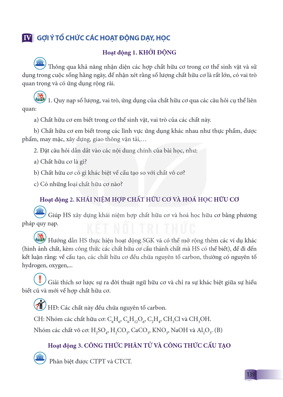 IV GỢI Ý TỔ CHỨC CÁC HOẠT ĐỘNG DẠY, HỌC Hoạt động 1. KHỞI ĐỘNG Th ông qua khả năng nhận diện các hợp chất hữu cơ trong cơ thể sinh vật và sử dụng trong cuộc sốn