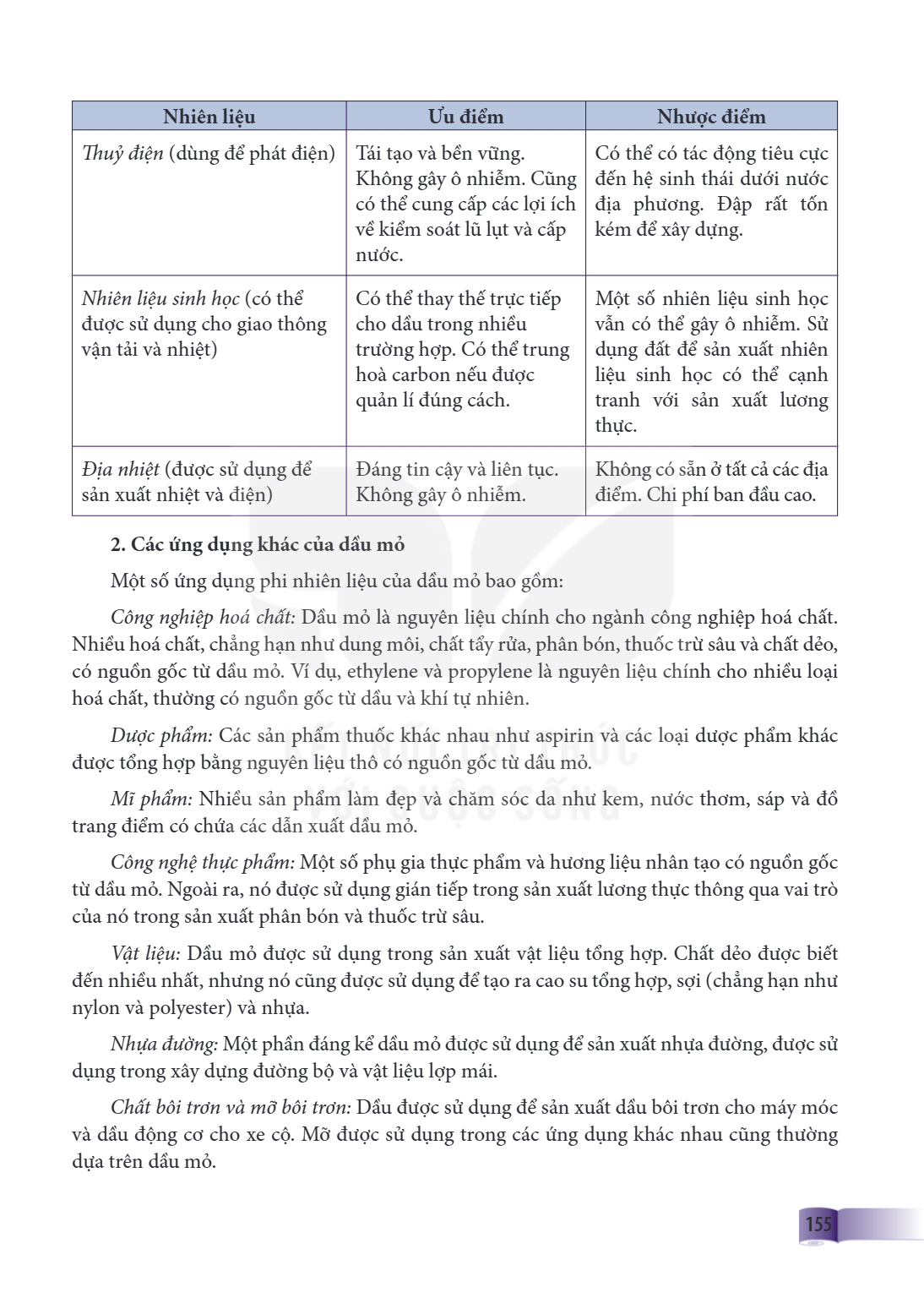 Nhiên liệu, Ưu điểm, Nhược điểm Thuỷ điện (dùng để phát điện), Tái tạo và bền vững. Không gây ô nhiễm. Cũng có thể cung cấp các lợi ích về kiểm soát lũ lụt và c