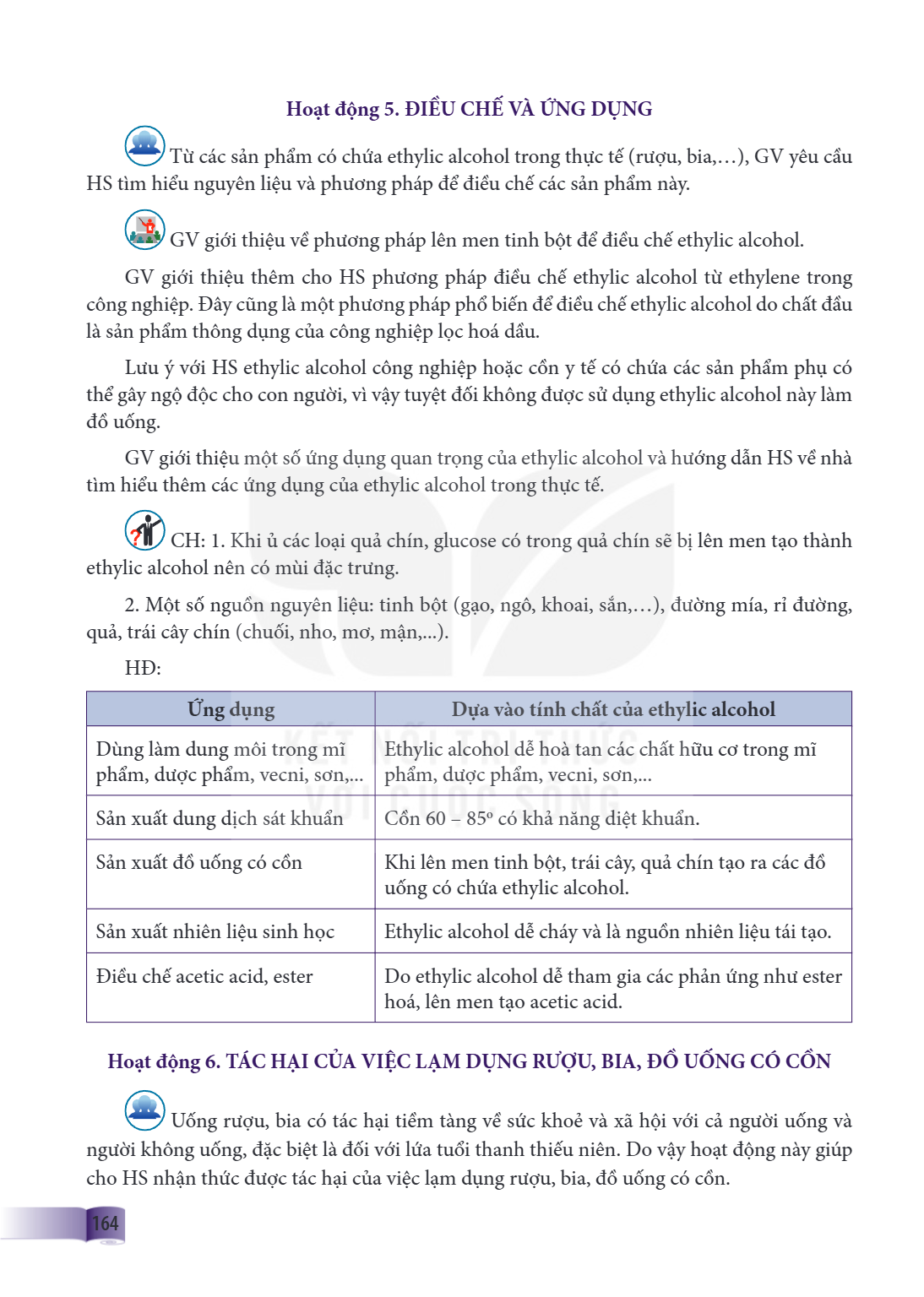 Hoạt động 5. ĐIỀU CHẾ VÀ ỨNG DỤNG Từ các sản phẩm có chứa ethylic alcohol trong thực tế (rượu, bia,…), GV yêu cầu HS tìm hiểu nguyên liệu và phương pháp để điều