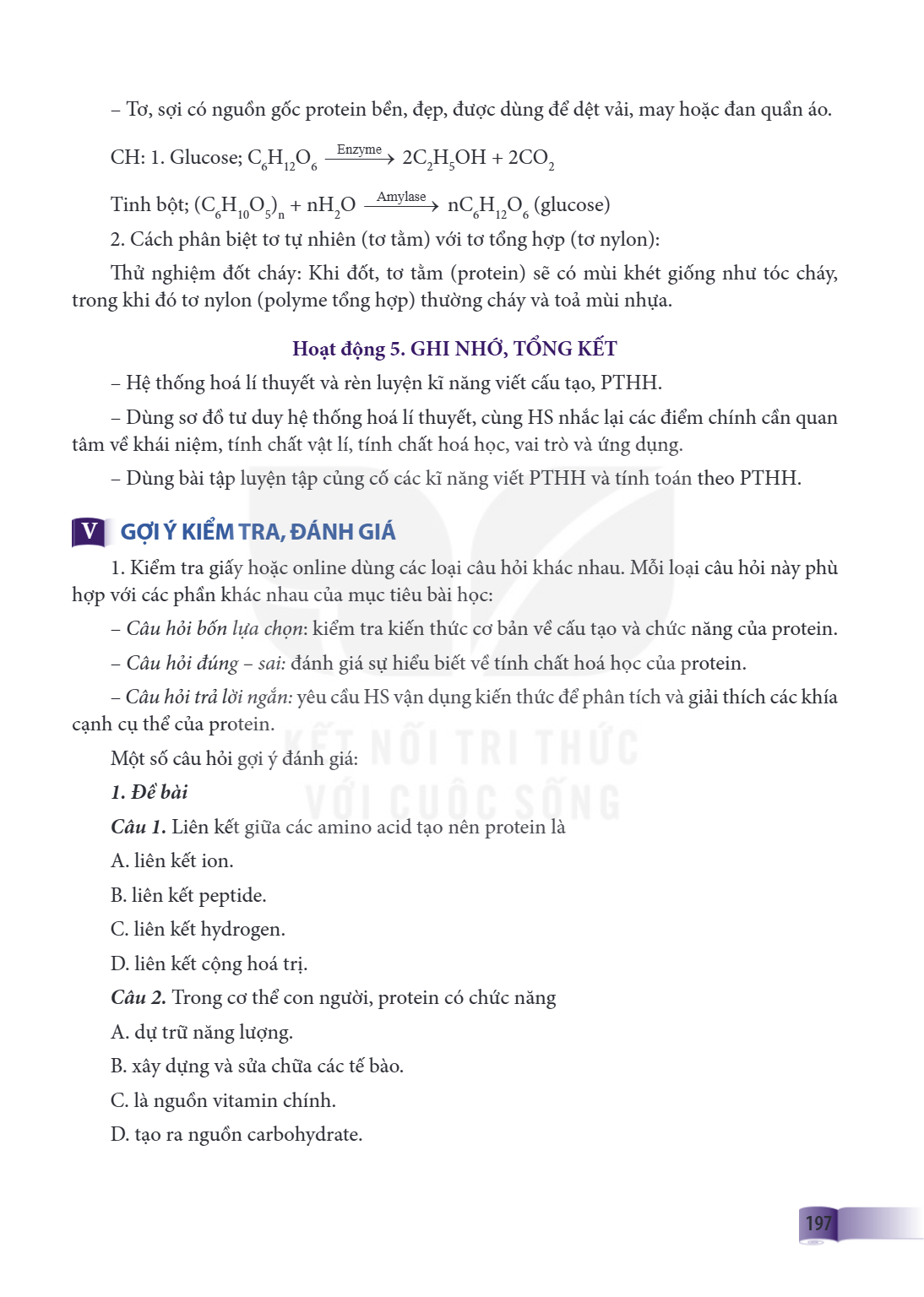 Tơ, sợi có nguồn gốc protein bền, đẹp, được dùng để dệt vải, may hoặc đan quần áo. CH: 1. Glucose; C6H12O6 Enzyme 2C2H5OH + 2CO2 Tinh bột; (C6H10O5)n + nH2O Am