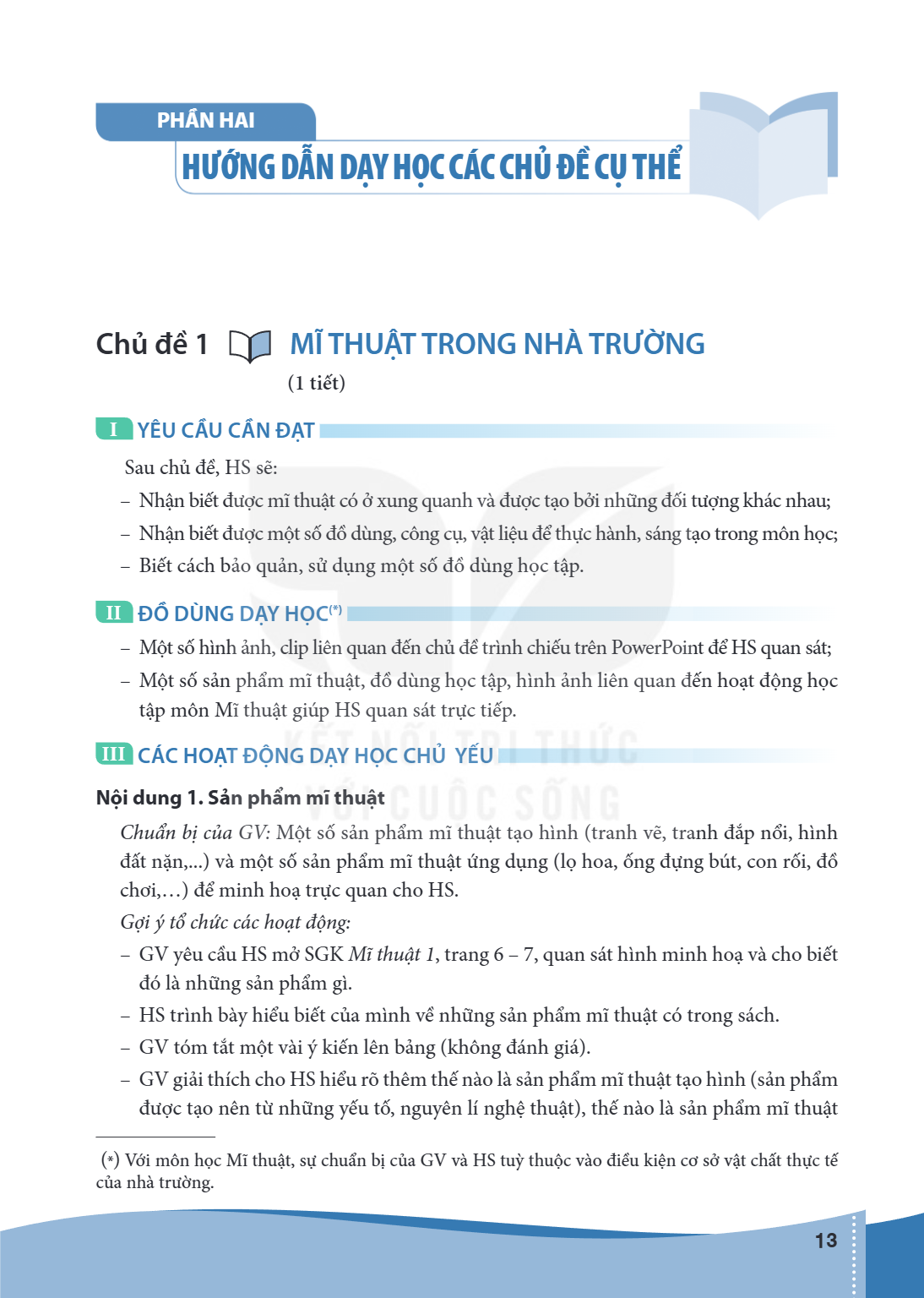 Chủ đề 1 MĨ THUẬT TRONG NHÀ TRƯỜNG (1 tiết) I YÊU CẦU CẦN ĐẠT Sau chủ đề, HS sẽ: – Nhận biết được mĩ thuật có ở xung quanh và được tạo bởi những đối tượng khác 