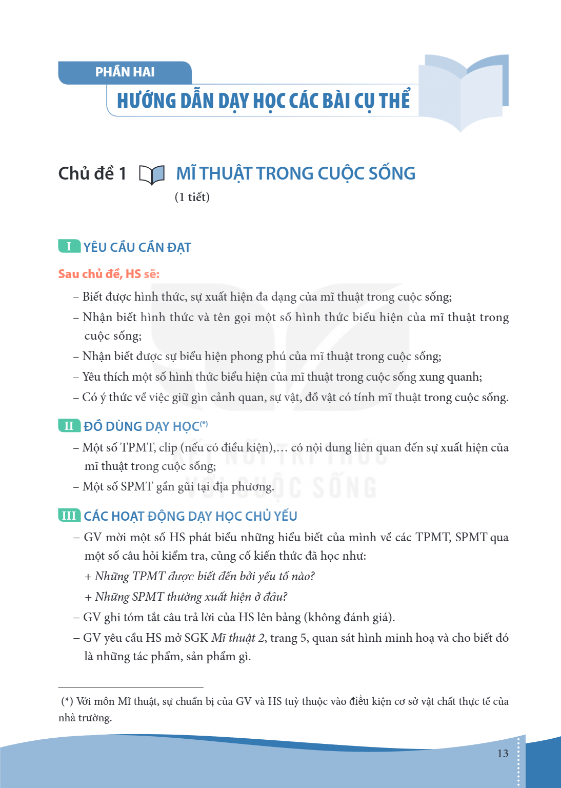 Chủ đề 1 MĨ THUẬT TRONG CUỘC SỐNG (1 tiết) I YÊU CẦU CẦN ĐẠT Sau chủ đề, HS sẽ: – Biết được hình thức, sự xuất hiện đa dạng của mĩ thuật trong cuộc sống; – Nhận