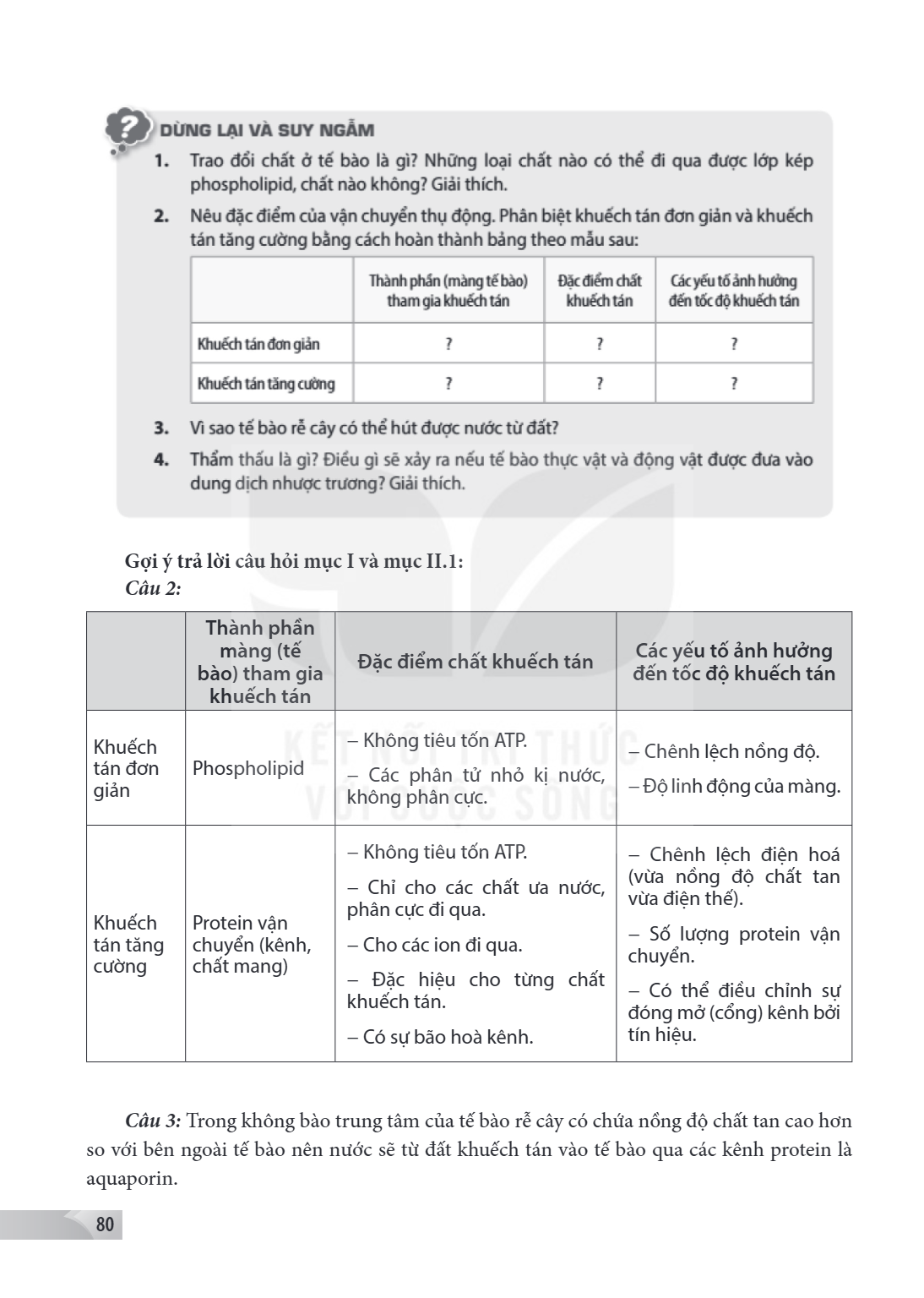 DỪNG LẠI VÀ SUY NGẪM Trao đổi chất ở tế bào là gì? Những loại chất nào có thể đi qua được lớp kép phospholipid, chất nào không? Giải thích. Nêu đặc điểm của vận