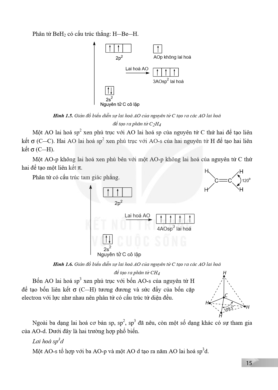 Phân tử BeH₂ có cấu trúc thẳng: H—Be—H. Hình 1.5. Giản đồ biểu diễn sự lai hoá AO của nguyên tử C tạo ra các AO lai hoá để tạo ra phân tử C₂H₄ Một AO lai hoá sp