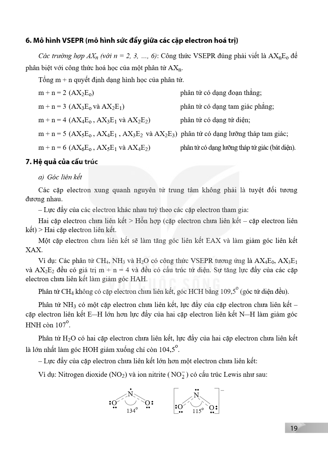 6. Mô hình VSEPR (mô hình sức đẩy giữa các cặp electron hoá trị) Các trường hợp $AX_n$ (với n = 2, 3, ..., 6): Công thức VSEPR đúng phải viết là $AX_nE_o$ để ph