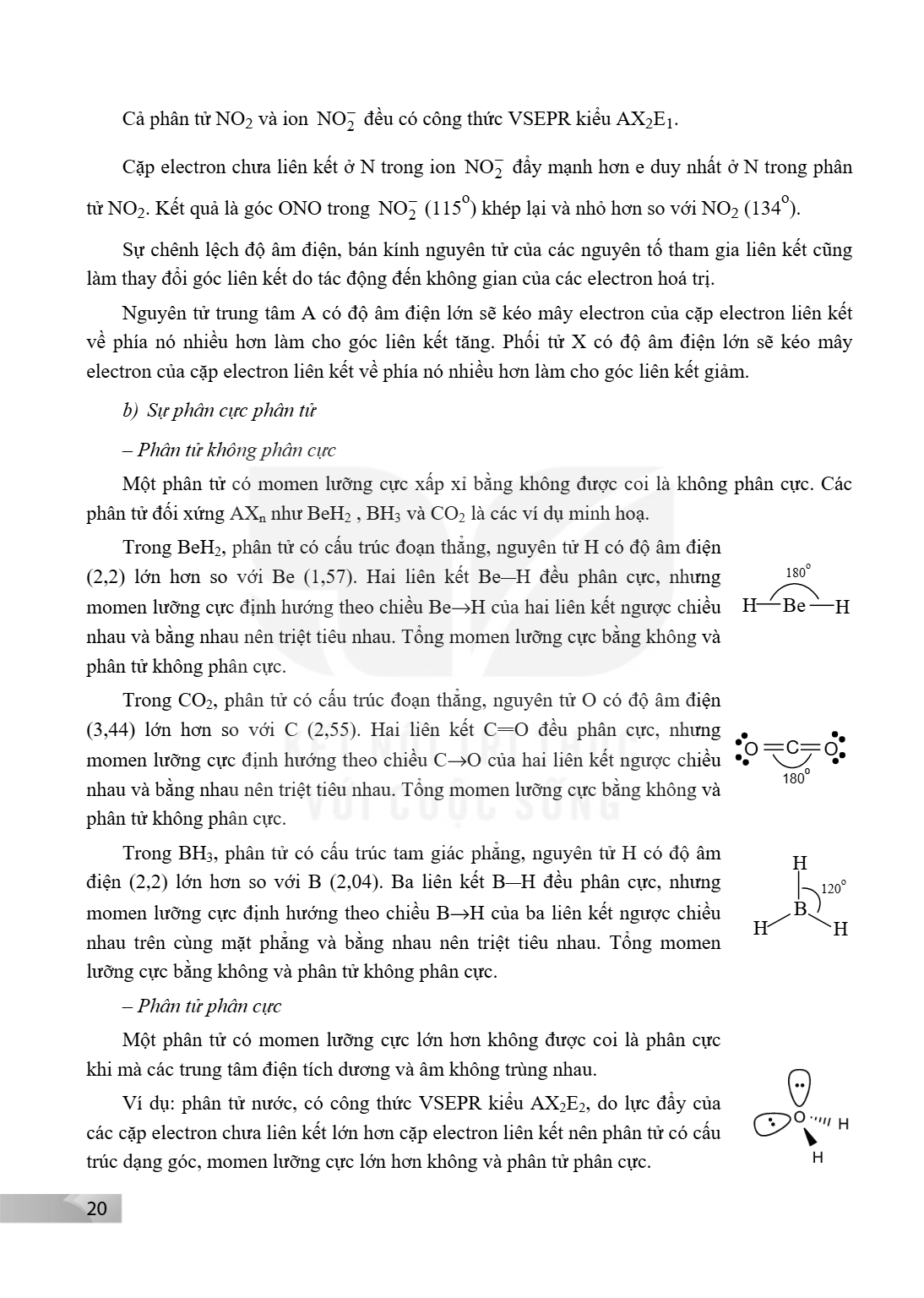 Cả phân tử NO₂ và ion NO₂⁻ đều có công thức VSEPR kiểu AX₂E₁. Cặp electron chưa liên kết ở N trong ion NO₂⁻ đẩy mạnh hơn e duy nhất ở N trong phân tử NO₂. Kết q