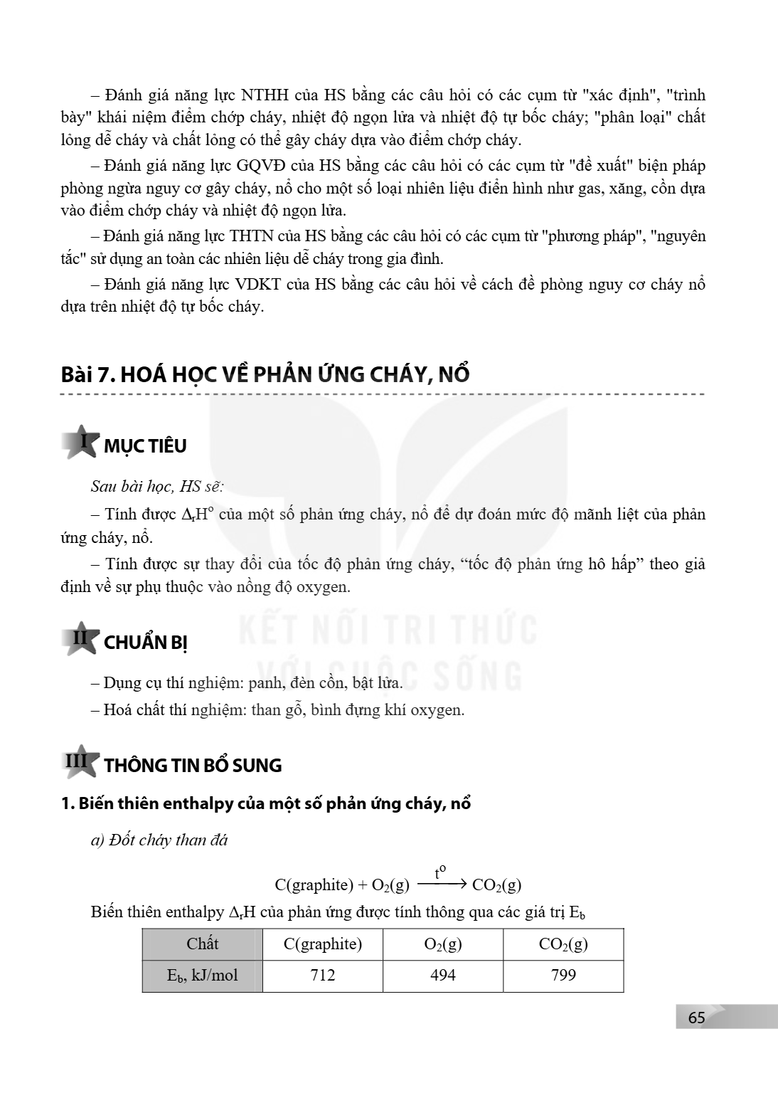 – Đánh giá năng lực NTHH của HS bằng các câu hỏi có các cụm từ "xác định", "trình bày" khái niệm điểm chớp cháy, nhiệt độ ngọn lửa và nhiệt độ tự bốc cháy; "phâ