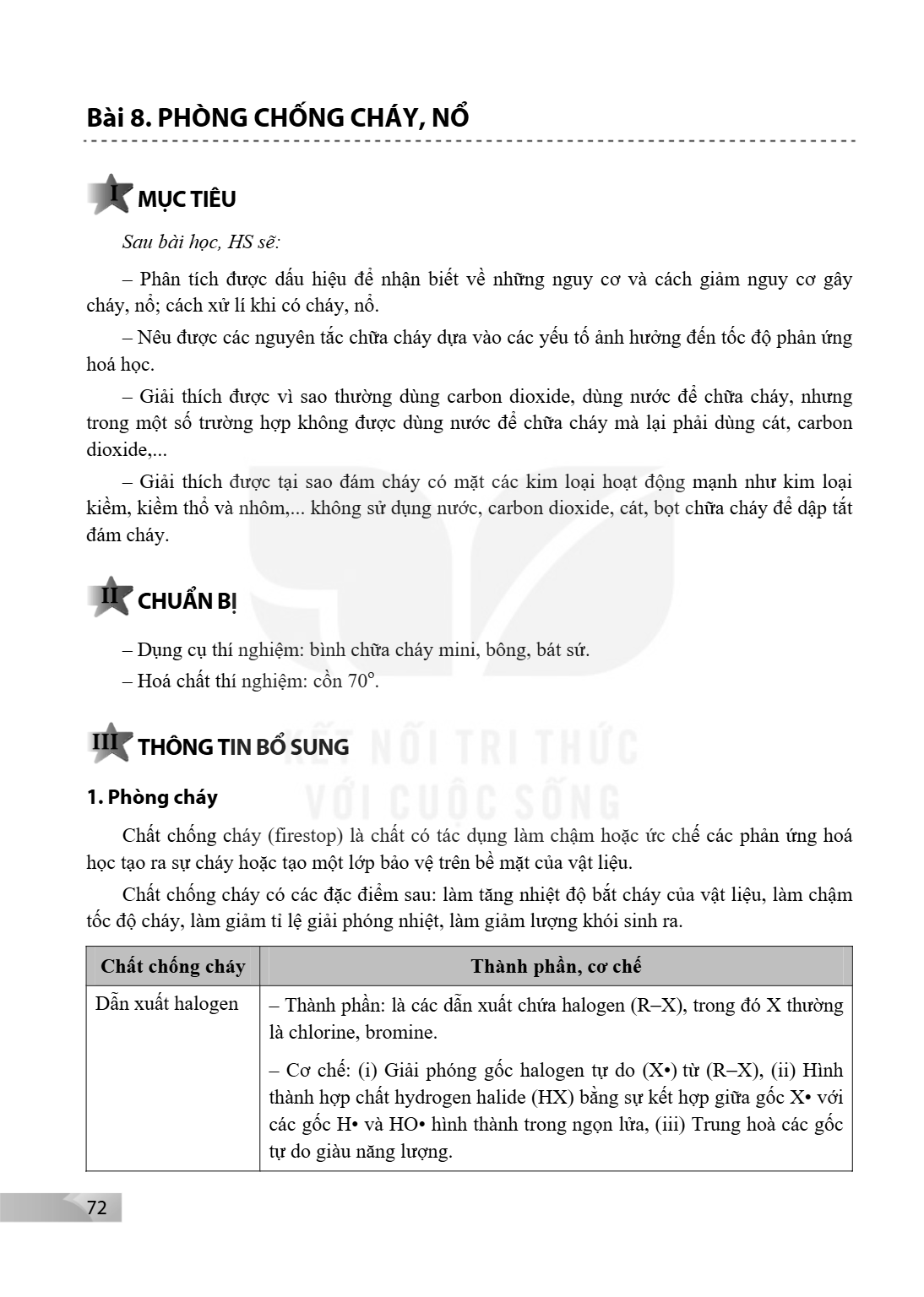 Bài 8. Phòng chống cháy, nổ I MỤC TIÊU Sau bài học, HS sẽ: – Phân tích được dấu hiệu để nhận biết về những nguy cơ và cách giảm nguy cơ gây cháy, nổ; cách xử lí