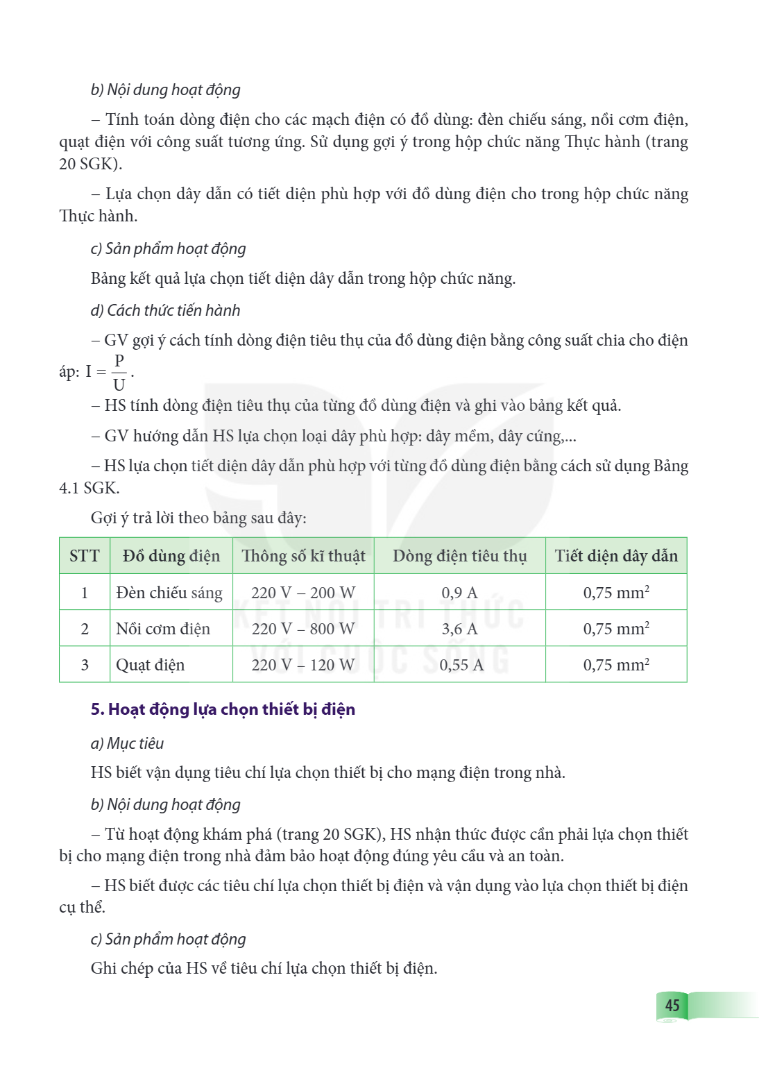 b) Nội dung hoạt động – Tính toán dòng điện cho các mạch điện có đồ dùng: đèn chiếu sáng, nồi cơm điện, quạt điện với công suất tương ứng. Sử dụng gợi ý trong h