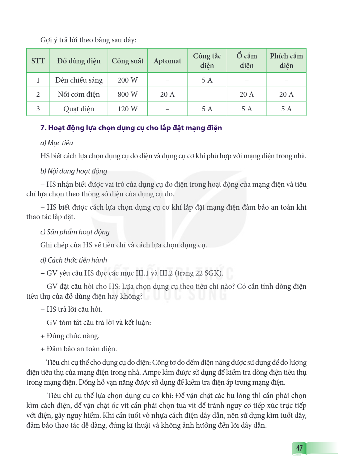 Gợi ý trả lời theo bảng sau đây: STT, Đồ dùng điện, Công suất, Aptomat, Công tắc điện, Ổ cắm điện, Phích cắm điện 1, Đèn chiếu sáng, 200 W, –, 5 A, –, – 2, Nồi 