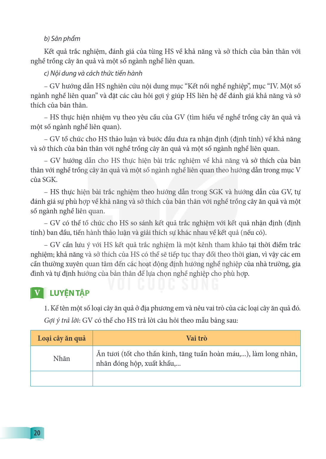 b) Sản phẩm Kết quả trắc nghiệm, đánh giá của từng HS về khả năng và sở thích của bản thân với nghề trồng cây ăn quả và một số ngành nghề liên quan. c) Nội dung