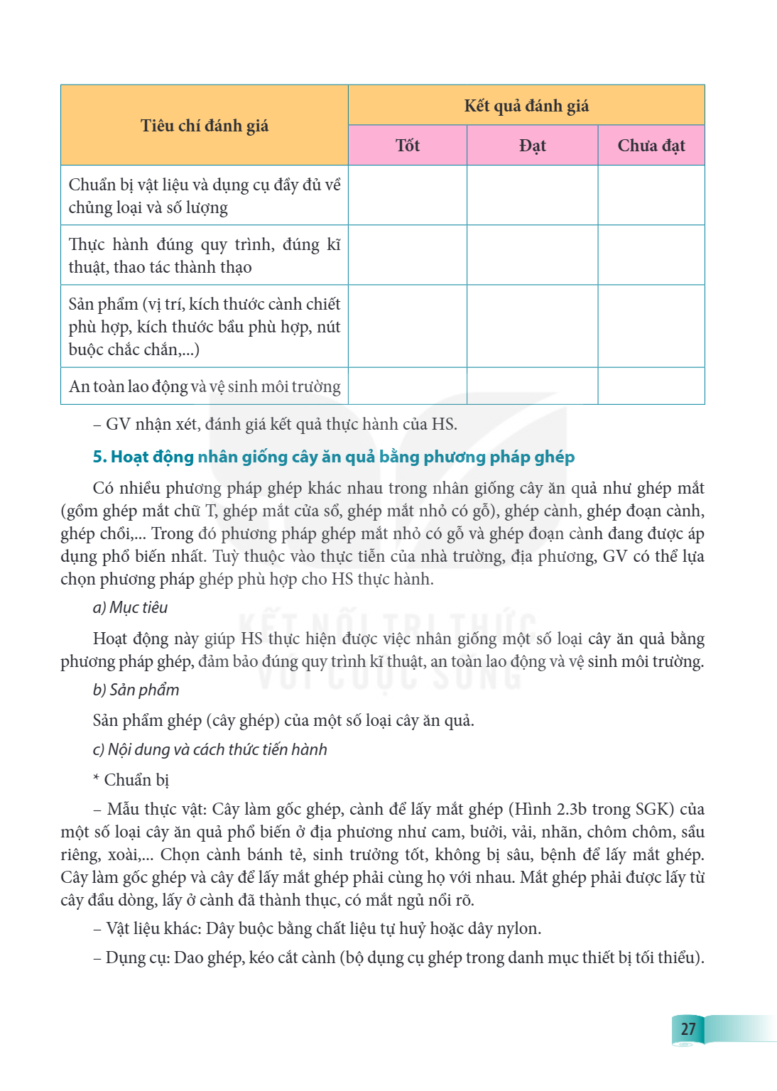 Tiêu chí đánh giá, Kết quả đánh giá / Tốt, Kết quả đánh giá / Đạt, Kết quả đánh giá / Chưa đạt Chuẩn bị vật liệu và dụng cụ đầy đủ về chủng loại và số lượng Thự