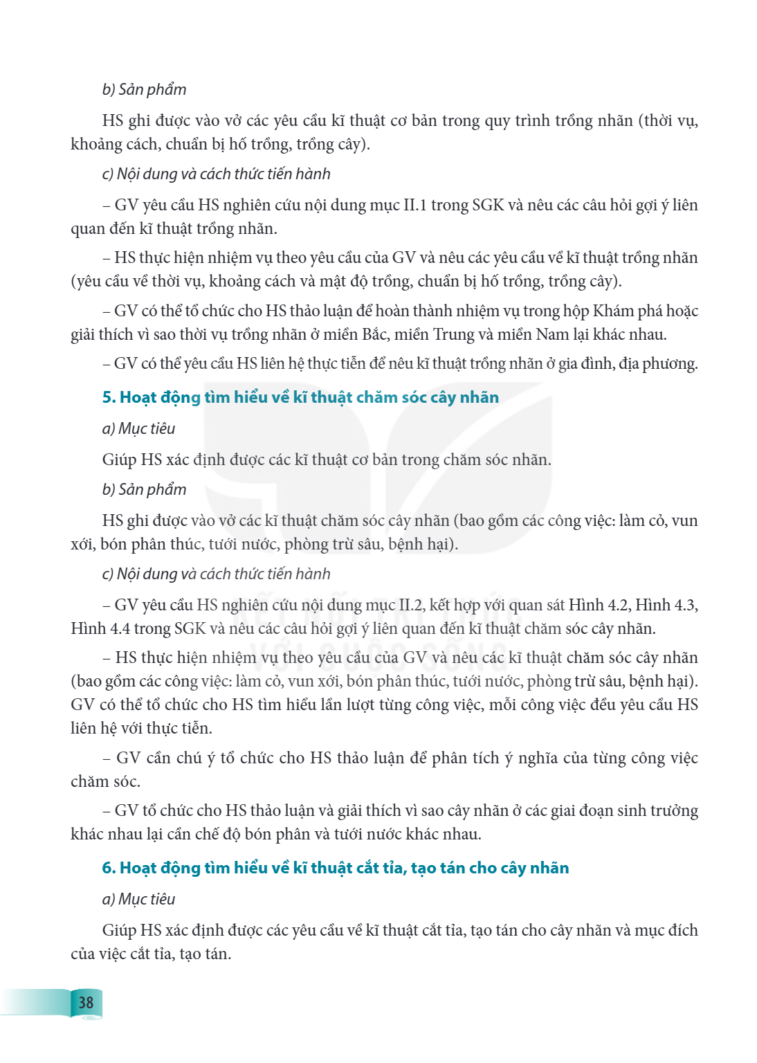b) Sản phẩm HS ghi được vào vở các yêu cầu kĩ thuật cơ bản trong quy trình trồng nhãn (thời vụ, khoảng cách, chuẩn bị hố trồng, trồng cây). c) Nội dung và cách 