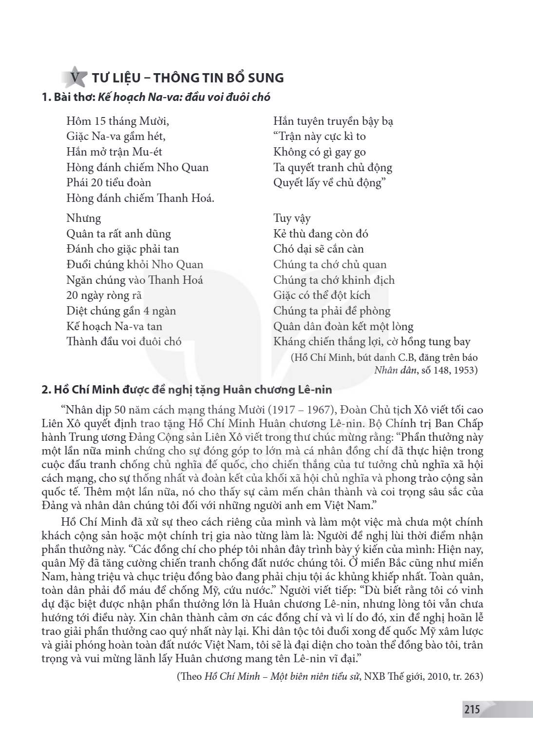 V TƯ LIỆU - THÔNG TIN BỔ SUNG 1. Bài thơ: Kế hoạch Na-va: đầu voi đuôi chó Hôm 15 tháng Mười,, Hắn tuyên truyền bậy bạ Giặc Na-va gầm hét,, "Trận này cực kì to 