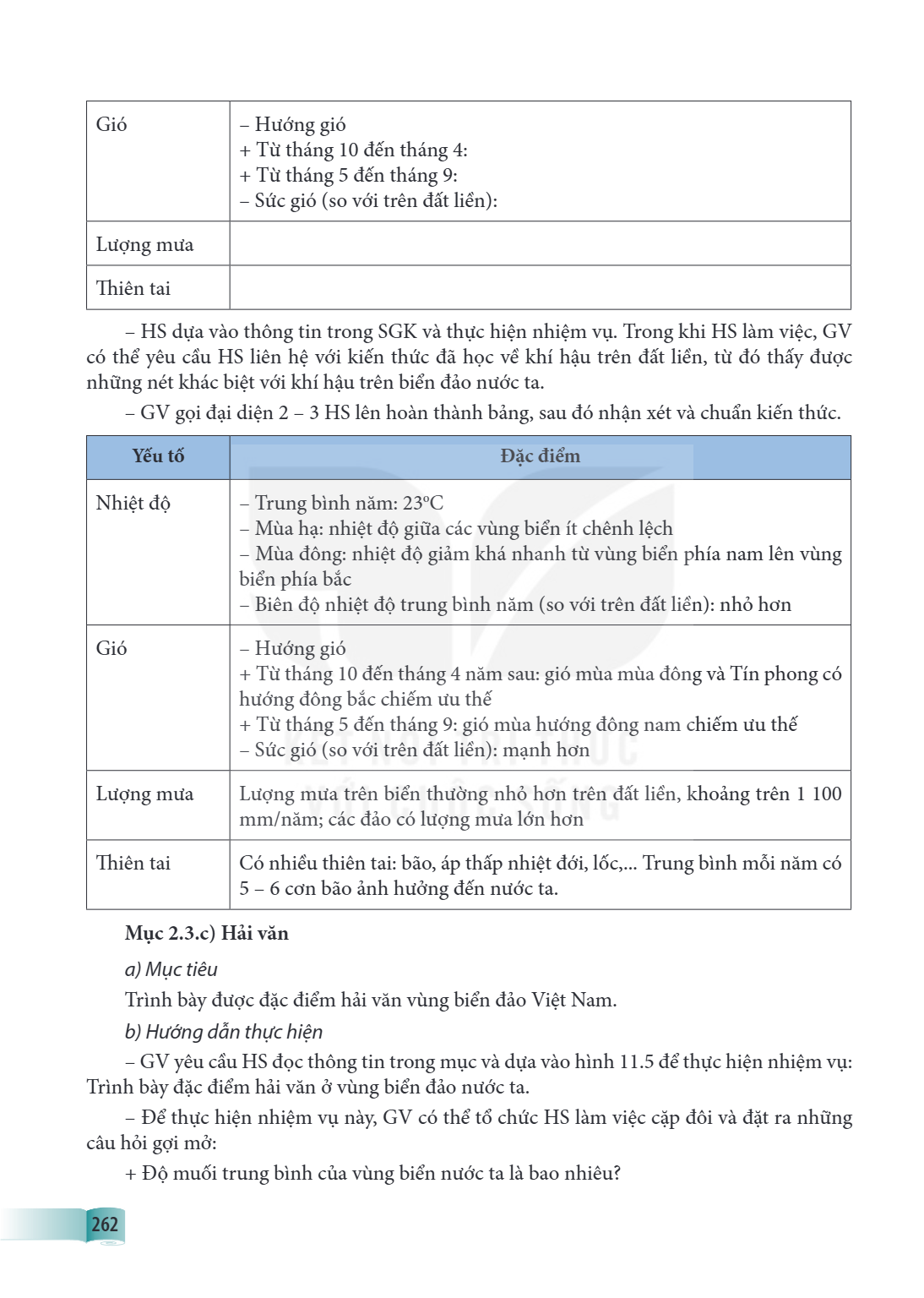 Gió, - Hướng gió + Từ tháng 10 đến tháng 4: + Từ tháng 5 đến tháng 9: - Sức gió (so với trên đất liền): Lượng mưa Thiên tai - HS dựa vào có thể yêu cầu những né