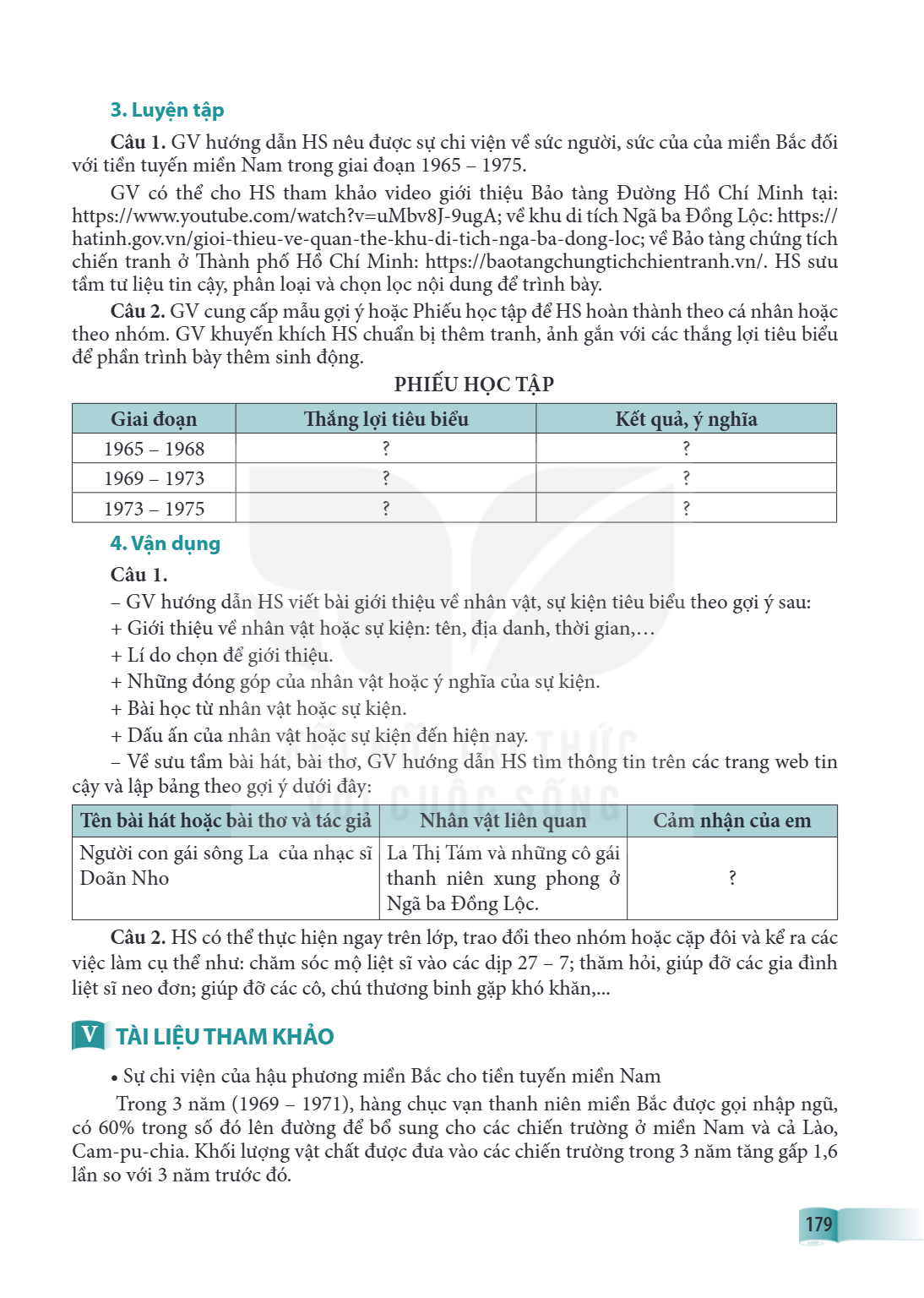 3. Luyện tập Câu 1. GV hướng dẫn HS nêu được sự chi viện về sức người, sức của của miền Bắc đối với tiền tuyến miền Nam trong giai đoạn 1965 – 1975. GV có thể c
