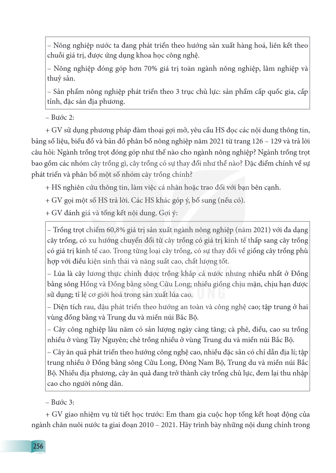- Nông nghiệp nước ta đang phát triển theo hướng sản xuất hàng hoá, liên kết theo chuỗi giá trị, được ứng dụng khoa học công nghệ. - Nông nghiệp đóng góp hơn 70