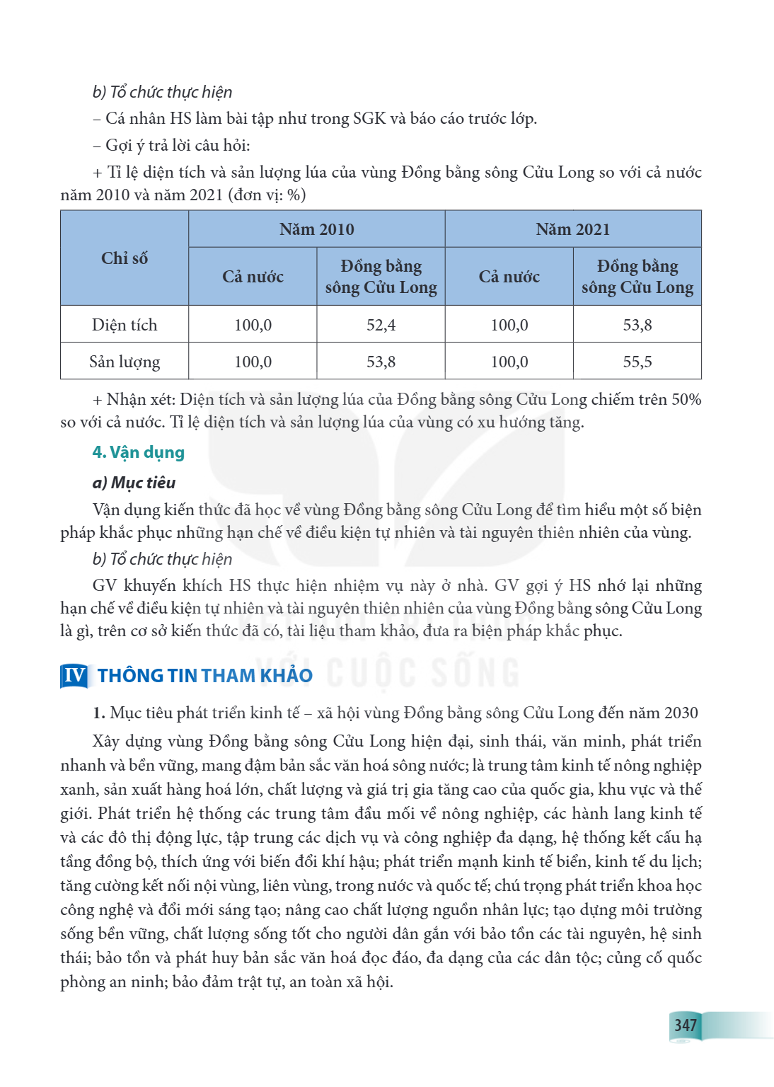 b) Tổ chức thực hiện – Cá nhân HS làm bài tập như trong SGK và báo cáo trước lớp. – Gợi ý trả lời câu hỏi: Tỉ lệ diện tích và sản lượng lúa của vùng Đồng bằng s