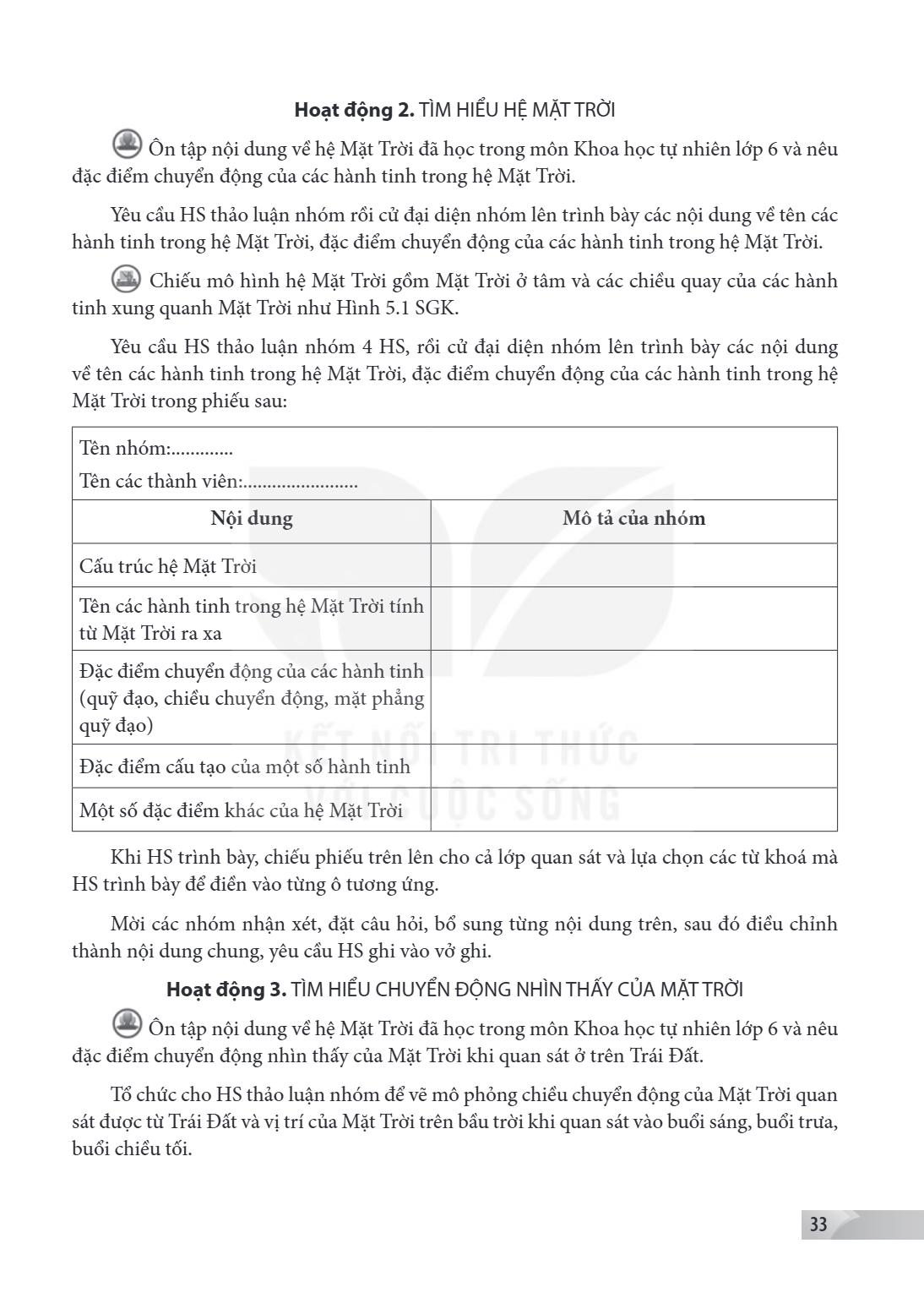 Hoạt động 2. TÌM HIỂU HỆ MẶT TRỜI Ôn tập nội dung về hệ Mặt Trời đã học trong môn Khoa học tự nhiên lớp 6 và nêu đặc điểm chuyển động của các hành tinh trong hệ