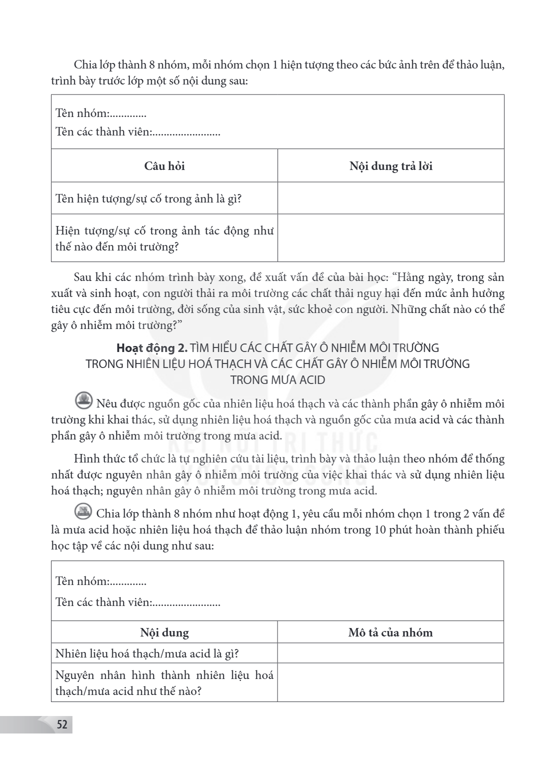 Chia lớp thành 8 nhóm, mỗi nhóm chọn 1 hiện tượng theo các bức ảnh trên để thảo luận, trình bày trước lớp một số nội dung sau: Tên nhóm:............. Tên các th