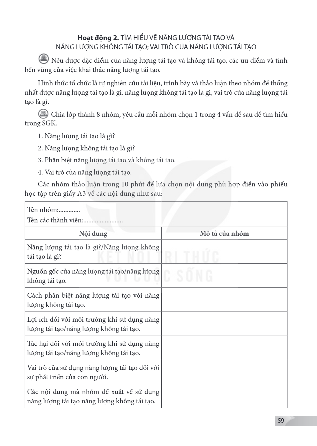 Hoạt động 2. TÌM HIỂU VỀ NĂNG LƯỢNG TÁI TẠO VÀ NĂNG LƯỢNG KHÔNG TÁI TẠO; VAI TRÒ CỦA NĂNG LƯỢNG TÁI TẠO Nêu được đặc điểm của năng lượng tái tạo và không tái tạ