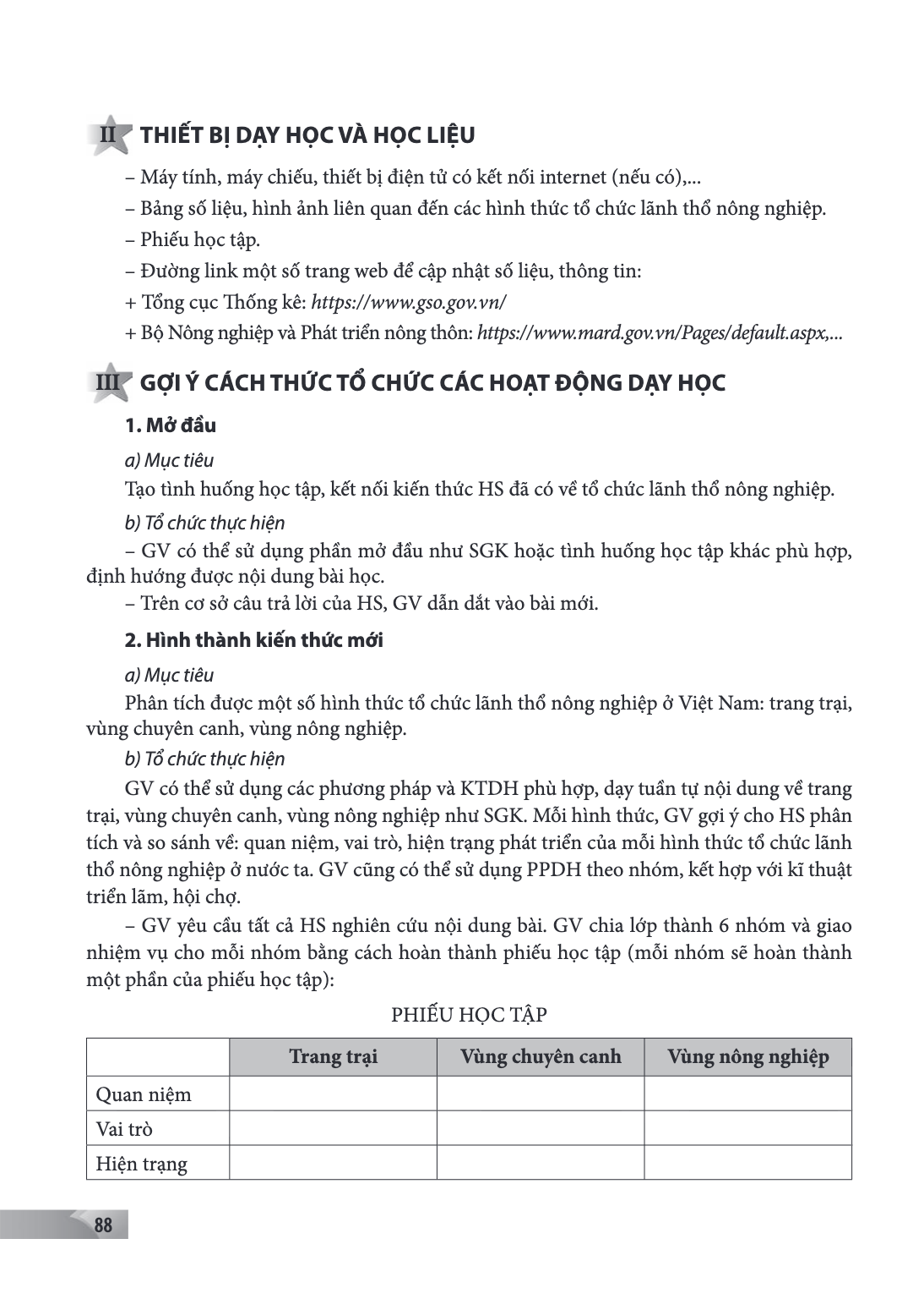 II THIẾT BỊ DẠY HỌC VÀ HỌC LIỆU – Máy tính, máy chiếu, thiết bị điện tử có kết nối internet (nếu có),... – Bảng số liệu, hình ảnh liên quan đến các hình thức tổ