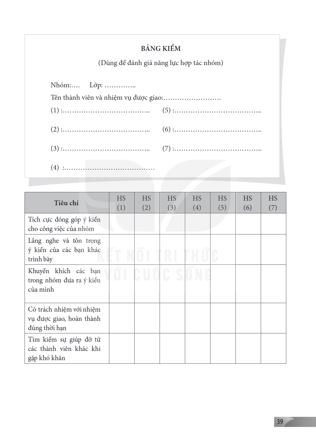 BẢNG KIỂM (Dùng để đánh giá năng lực hợp tác nhóm) Nhóm:..... Lớp: .............. Tên thành viên và nhiệm vụ được giao:.......................... (1) :.........