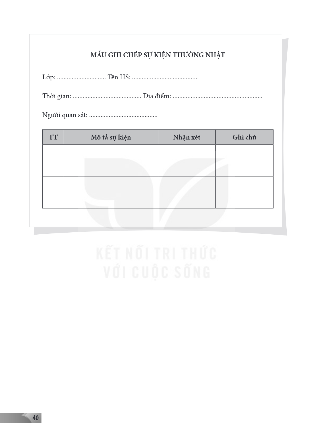 MẪU GHI CHÉP SỰ KIỆN THƯỜNG NHẬT Lớp: .............................. Tên HS: ......................................... Thời gian: ..............................