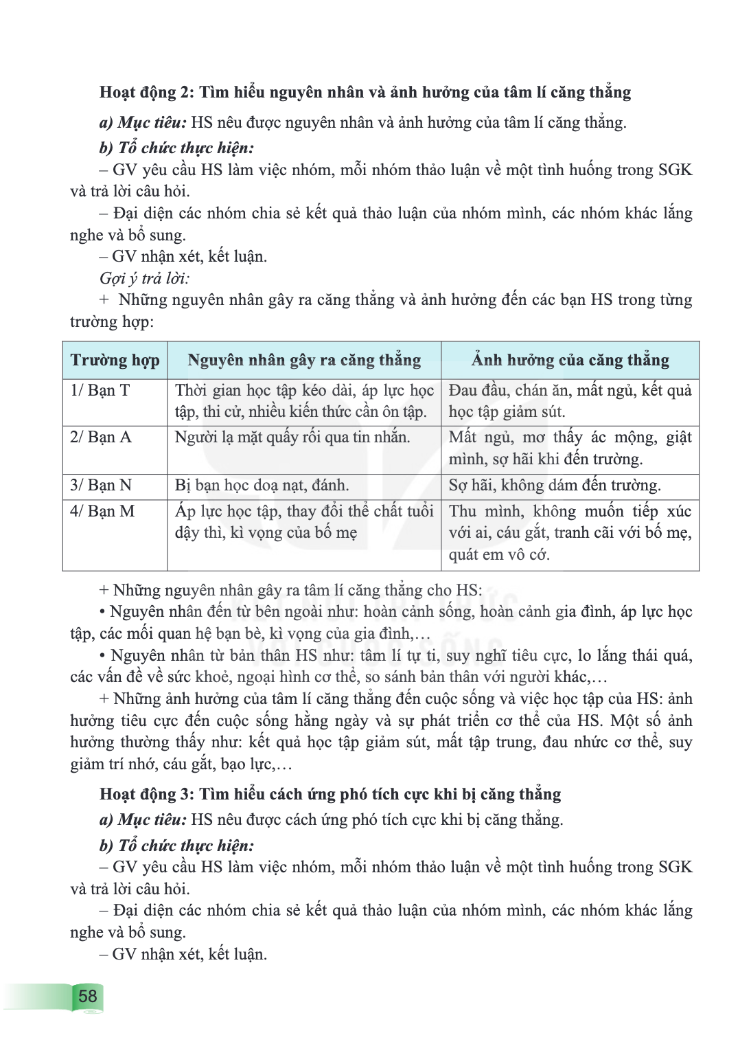 Hoạt động 2: Tìm hiểu nguyên nhân và ảnh hưởng của tâm lí căng thẳng a) Mục tiêu: HS nêu được nguyên nhân và ảnh hưởng của tâm lí căng thẳng. b) Tổ chức thực hi