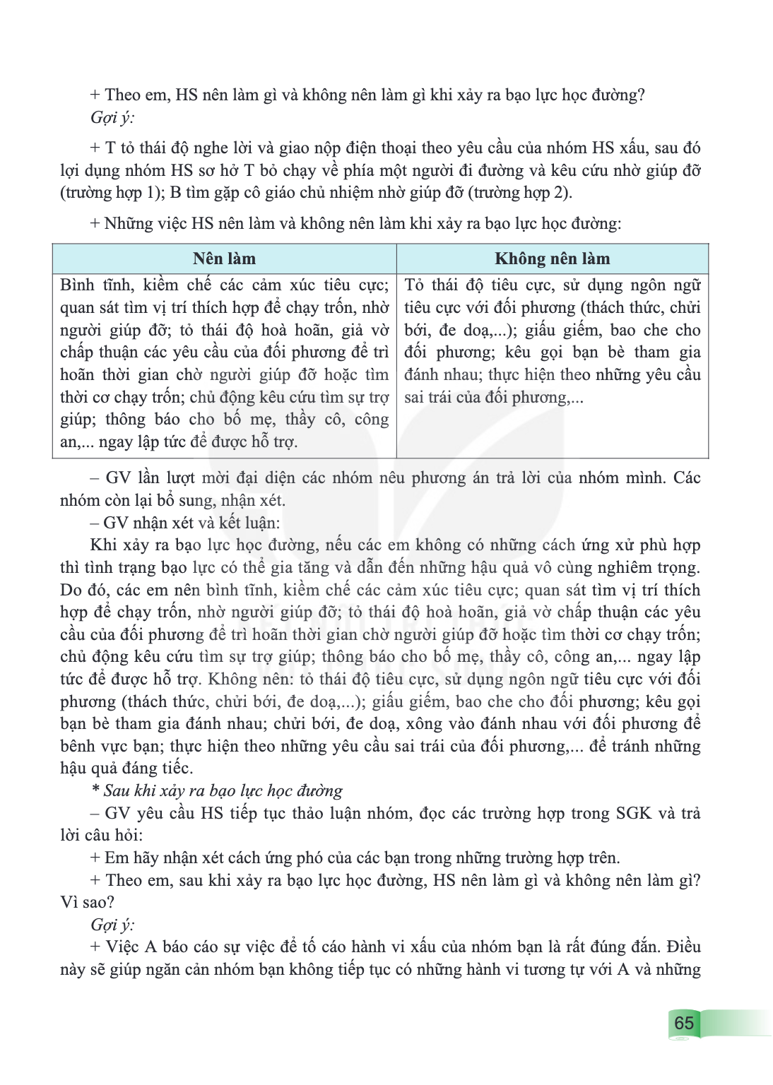 Theo em, HS nên làm gì và không nên làm gì khi xảy ra bạo lực học đường? Gợi ý: T tỏ thái độ nghe lời và giao nộp điện thoại theo yêu cầu của nhóm HS xấu, sau đ