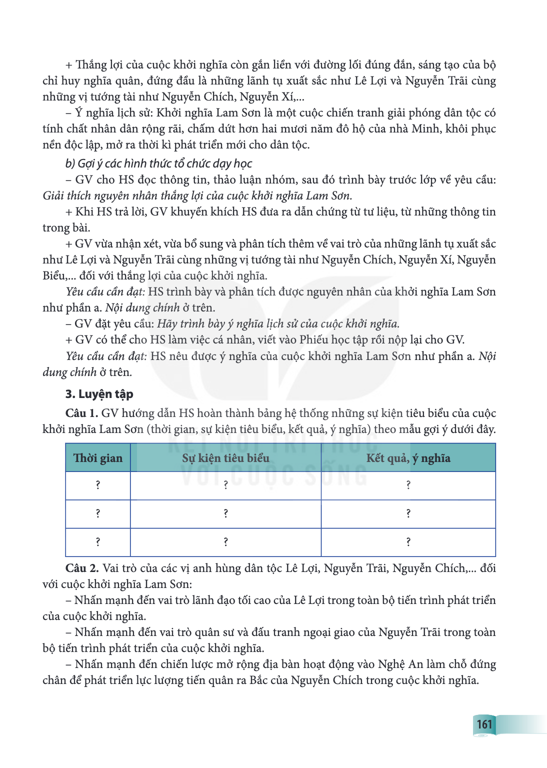 Thắng lợi của cuộc khởi nghĩa còn gắn liền với đường lối đúng đắn, sáng tạo của bộ chỉ huy nghĩa quân, đứng đầu là những lãnh tụ xuất sắc như Lê Lợi và Nguyễn T