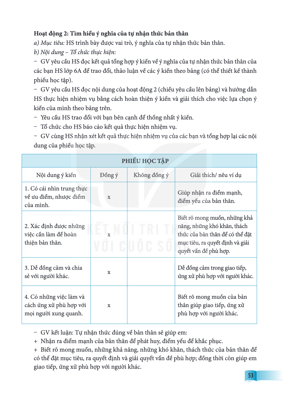 Hoạt động 2: Tìm hiểu ý nghĩa của tự nhận thức bản thân a) Mục tiêu: HS trình bày được vai trò, ý nghĩa của tự nhận thức bản thân. b) Nội dung - Tổ chức thực hi