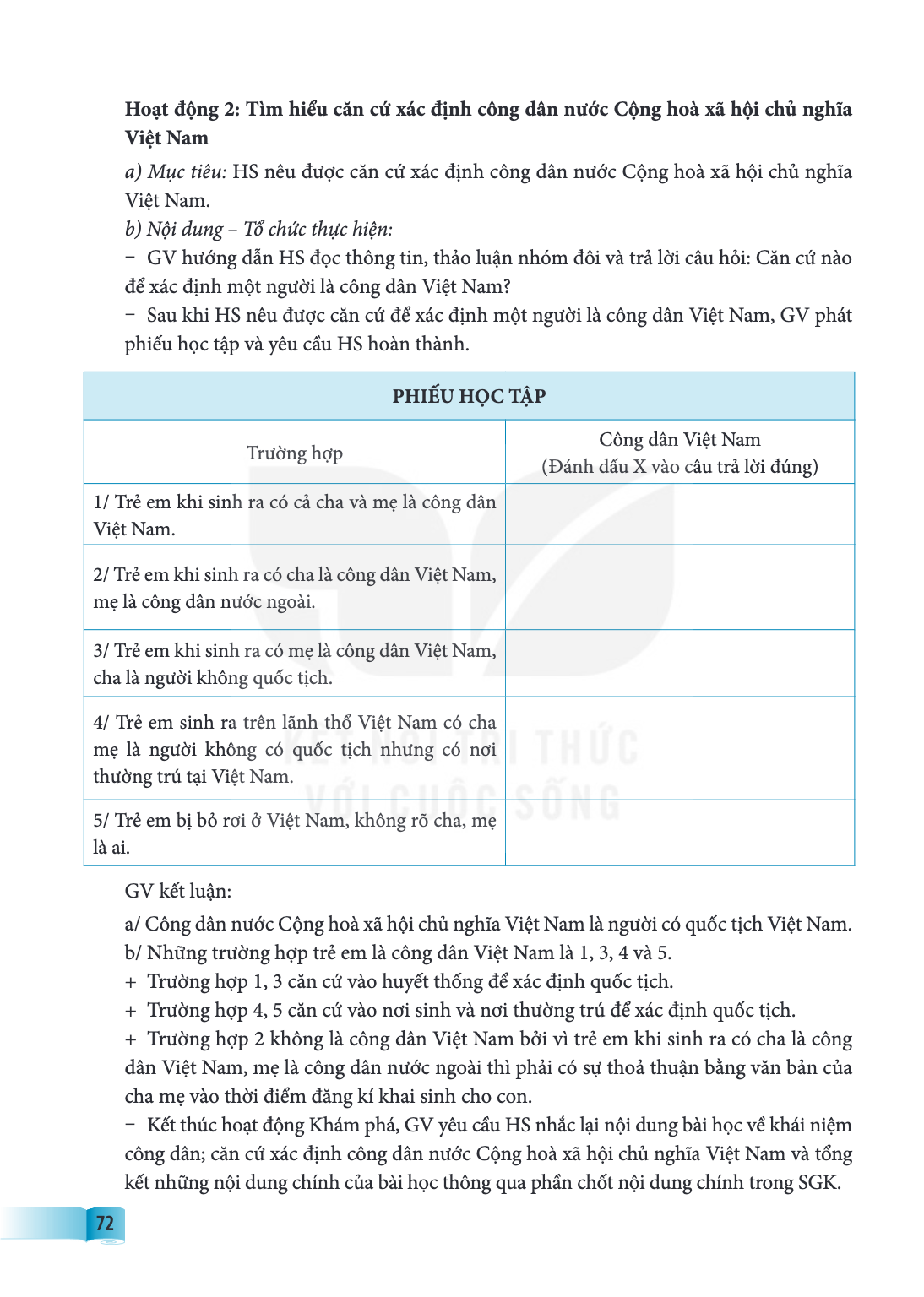 Hoạt động 2: Tìm hiểu căn cứ xác định công dân nước Cộng hoà xã hội chủ nghĩa Việt Nam a) Mục tiêu: HS nêu được căn cứ xác định công dân nước Cộng hoà xã hội ch