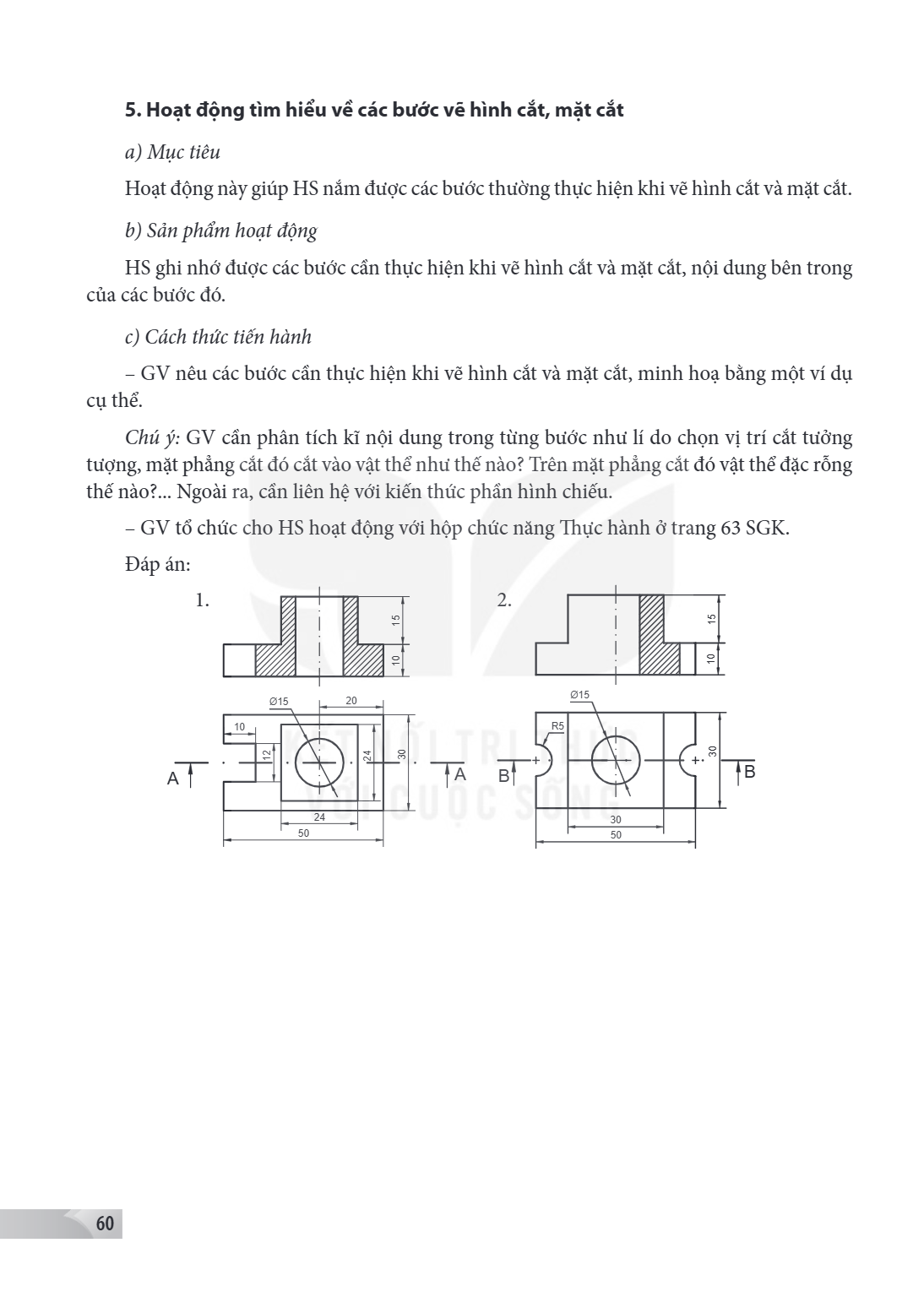 5. Hoạt động tìm hiểu về các bước vẽ hình cắt, mặt cắt a) Mục tiêu Hoạt động này giúp HS nắm được các bước thường thực hiện khi vẽ hình cắt và mặt cắt. b) Sản p