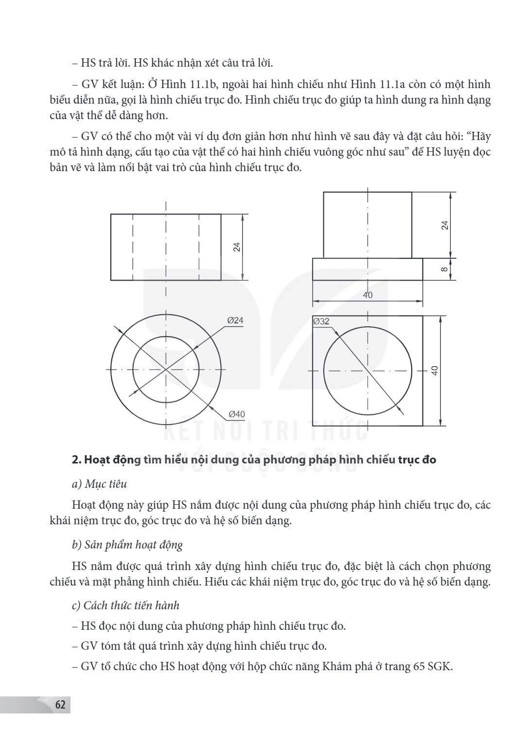 HS trả lời. HS khác nhận xét câu trả lời. - GV kết luận: Ở Hình 11.1b, ngoài hai hình chiếu như Hình 11.1a còn có một hình biểu diễn nữa, gọi là hình chiếu trục
