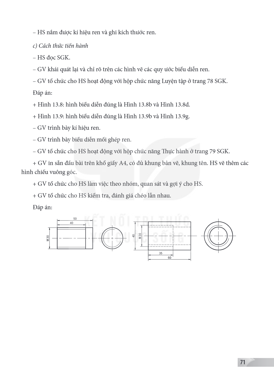 HS nắm được kí hiệu ren và ghi kích thước ren. c) Cách thức tiến hành - HS đọc SGK. - GV khái quát lại và chỉ rõ trên các hình vẽ các quy ước biểu diễn ren. - G