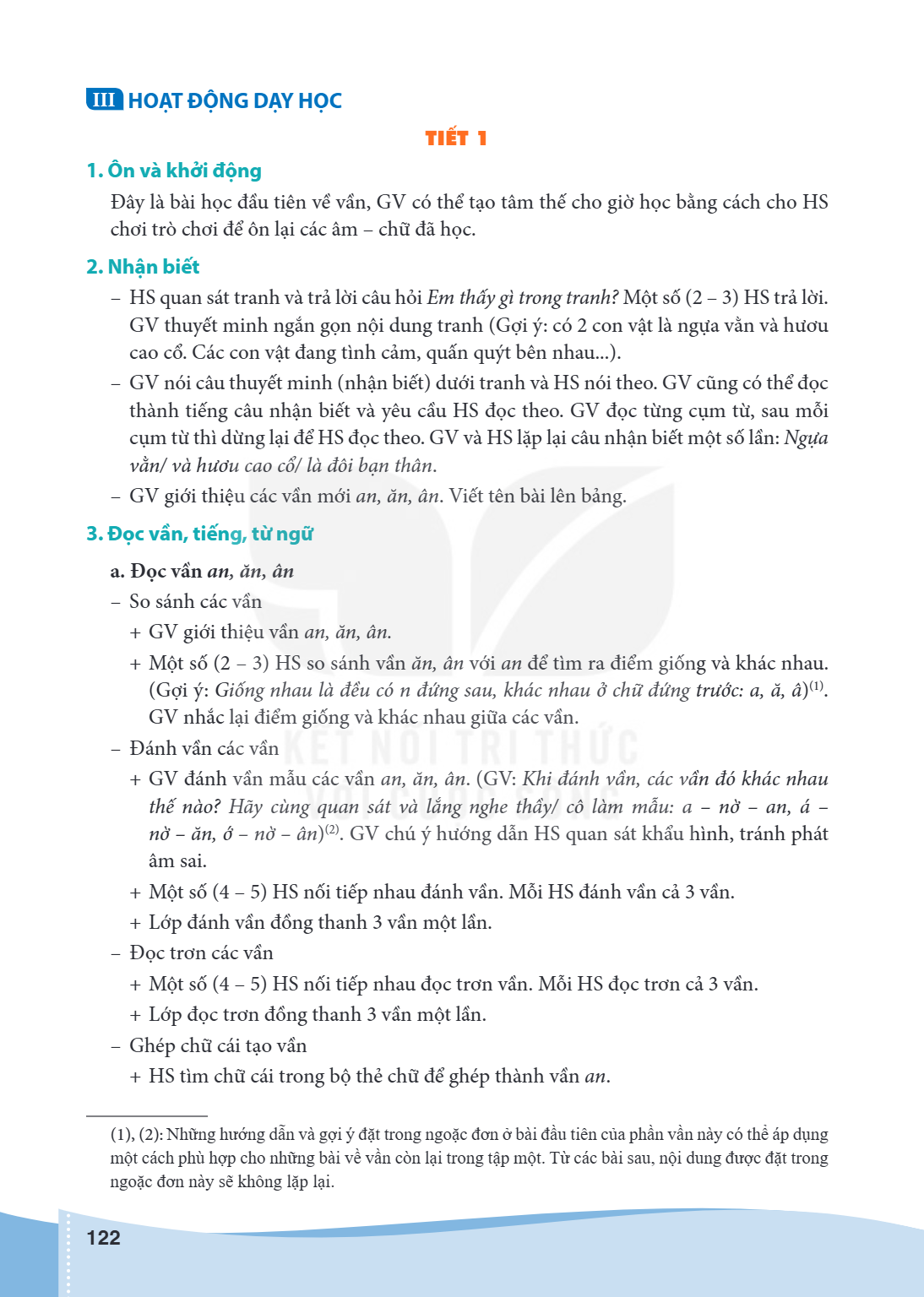 III HOẠT ĐỘNG DẠY HỌC TIẾT 1 1. Ôn và khởi động Đây là bài học đầu tiên về vần, GV có thể tạo tâm thế cho giờ học bằng cách cho HS chơi trò chơi để ôn lại các â